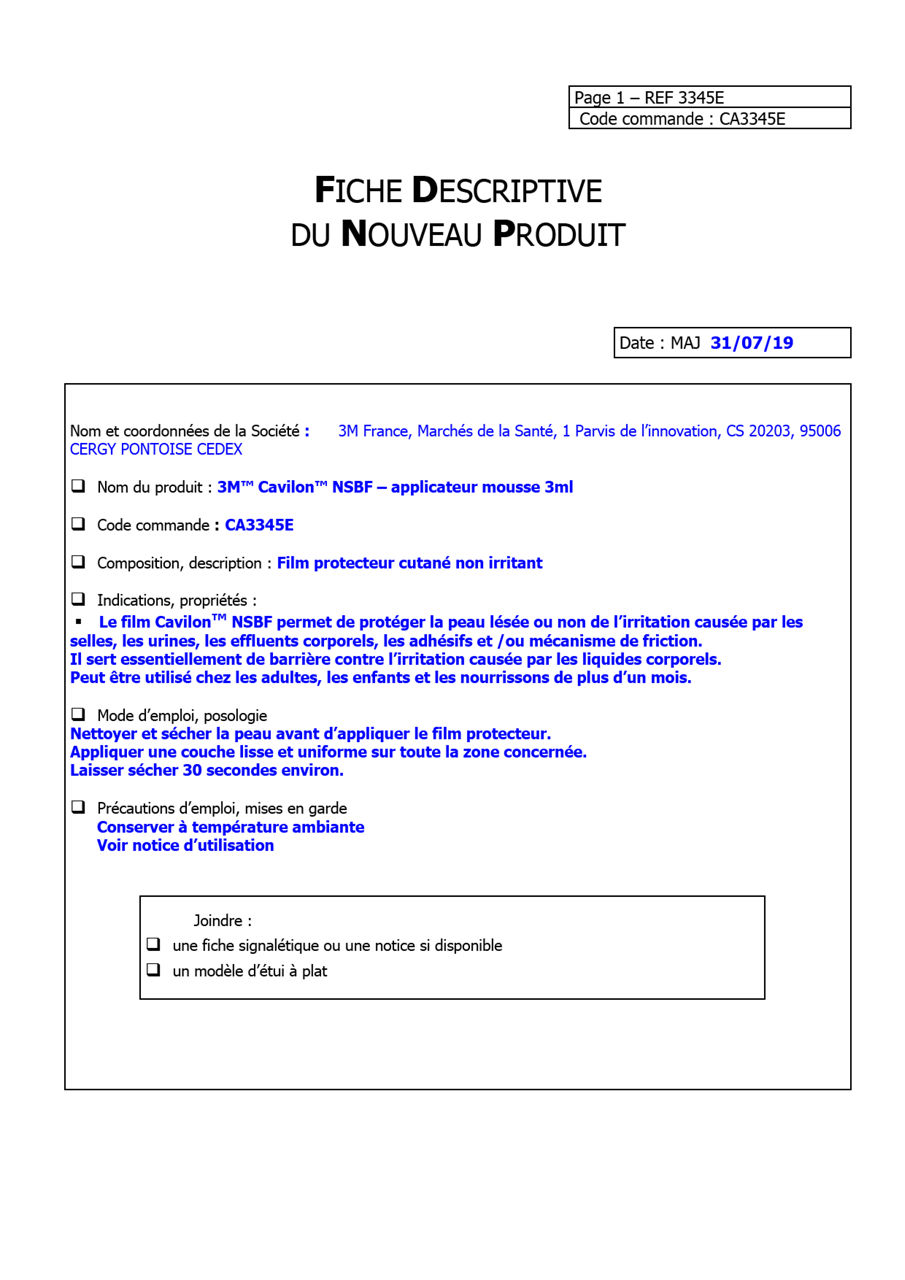 3M™ Cavilon™ NSBF,flacon vaporisateur,3345E,CA3345E, Fiche Logistique