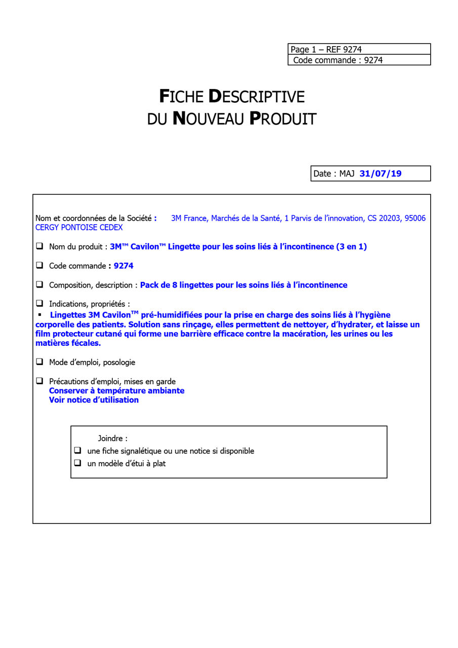 3M™ Cavilon™ Lingettes,9274, Fiche Logistique