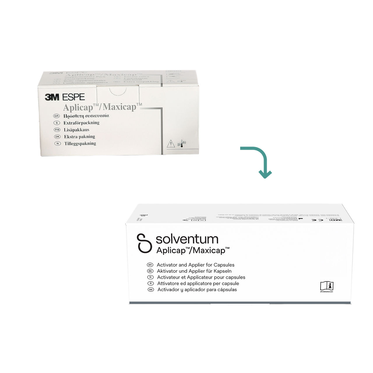 Transition to Solventum™ Glass Ionomer  Aplicap™ and Maxicap™ Activator and Appliers - Front, Center, In Packaging (1C1)