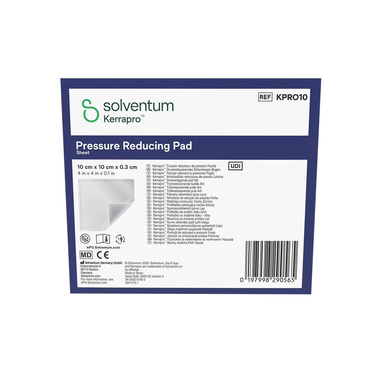 Solventum™ Kerrapro™ Pressure Reducing Pad, KPRO10, Sheet, 4 in x 4 in x 0.1 in (10 cm x 10 cm x 0.3 cm), 5/CAR, 32 CAR/CS, 160/CS - Front, Center, Out of Packaging (1C0)