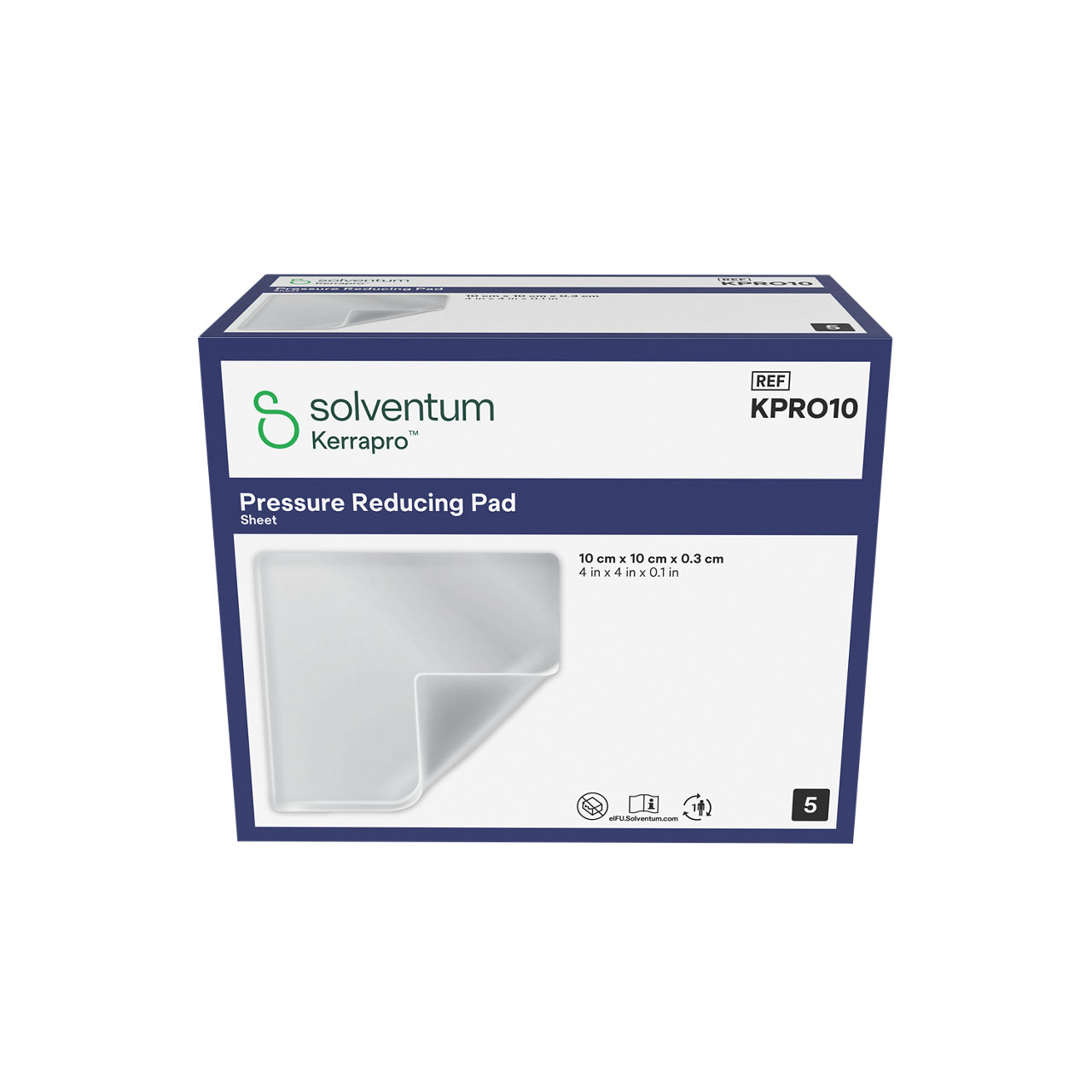 Solventum™ Kerrapro™ Pressure Reducing Pad, KPRO10, Sheet, 4 in x 4 in x 0.1 in (10 cm x 10 cm x 0.3 cm), 5/CAR, 32 CAR/CS, 160/CS - Front, Center, In Packaging (1C1)