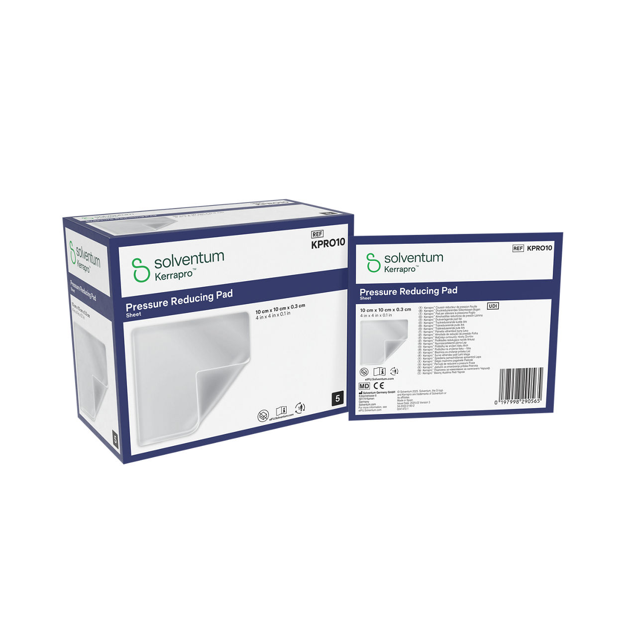 Solventum™ Kerrapro™ Pressure Reducing Pad, KPRO10, Sheet, 4 in x 4 in x 0.1 in (10 cm x 10 cm x 0.3 cm), 5/CAR, 32 CAR/CS, 160/CS - Front, Left, In and Out of Packaging (1L10)