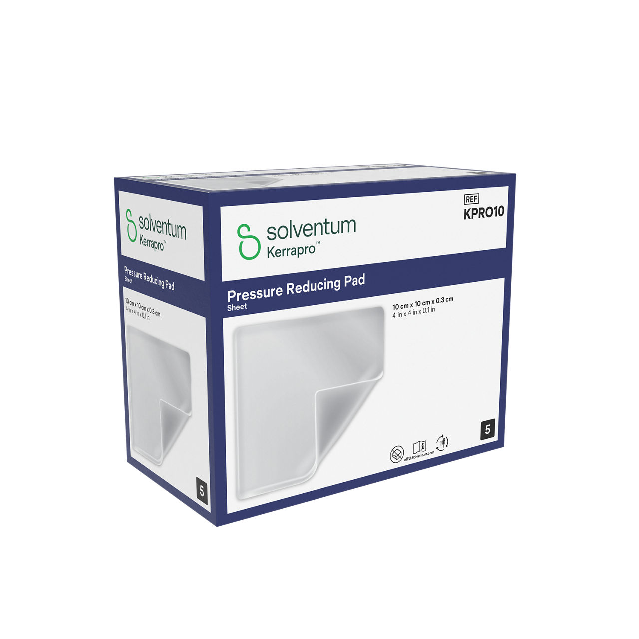 Solventum™ Kerrapro™ Pressure Reducing Pad, KPRO10, Sheet, 4 in x 4 in x 0.1 in (10 cm x 10 cm x 0.3 cm), 5/CAR, 32 CAR/CS, 160/CS - Front, Left, In Packaging (1L1)
