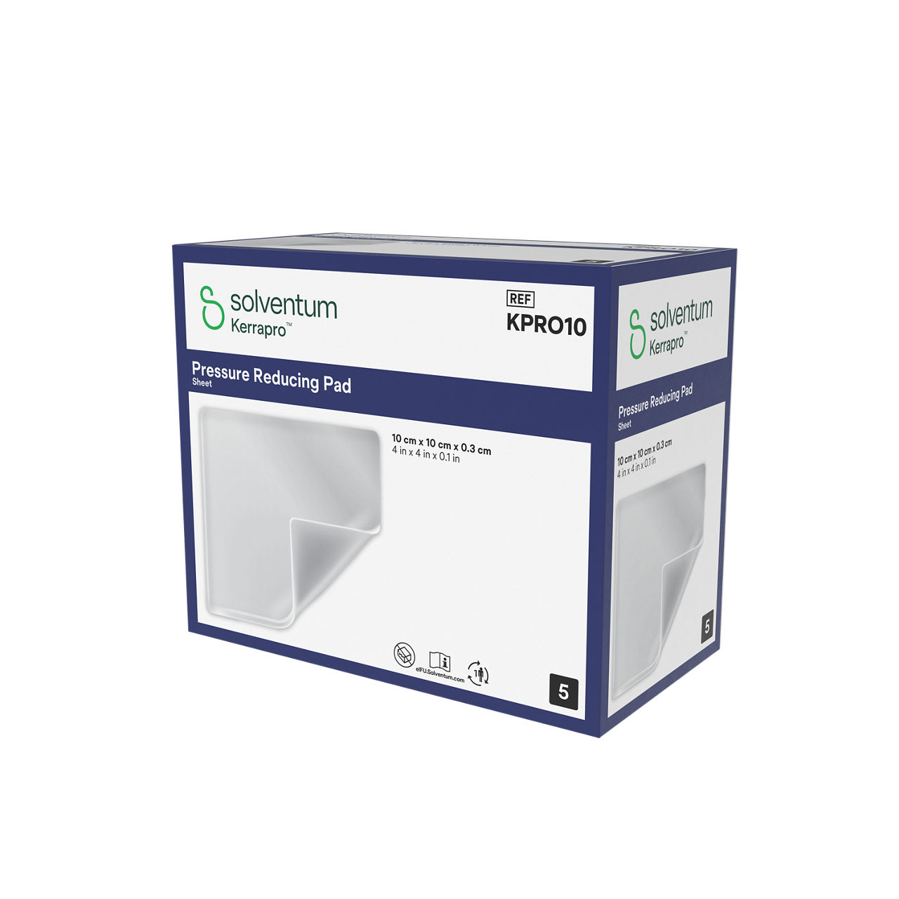 Solventum™ Kerrapro™ Pressure Reducing Pad, KPRO10, Sheet, 4 in x 4 in x 0.1 in (10 cm x 10 cm x 0.3 cm), 5/CAR, 32 CAR/CS, 160/CS - Front, Right, In Packaging (1R1)