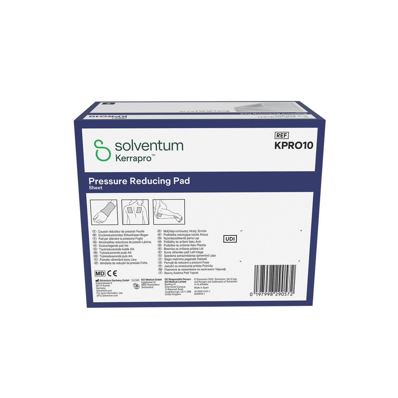 Solventum™ Kerrapro™ Pressure Reducing Pad, KPRO10, Sheet, 4 in x 4 in x 0.1 in (10 cm x 10 cm x 0.3 cm), 5/CAR, 32 CAR/CS, 160/CS - Back, Center, In Packaging (7C1)