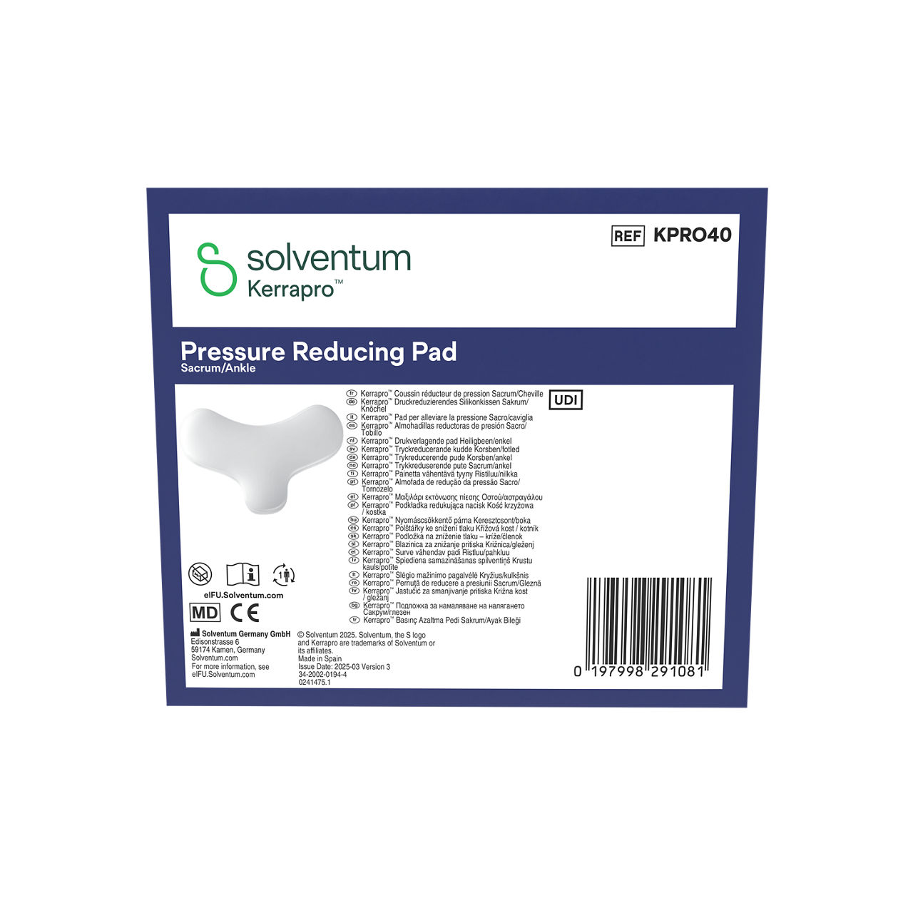 Solventum™ Kerrapro™ Pressure Reducing Pad, KPRO40, Sacrum/Ankle, 1/CAR, 40 CAR/CS, 40/CS - Front, Center, Out of Packaging (1C0)