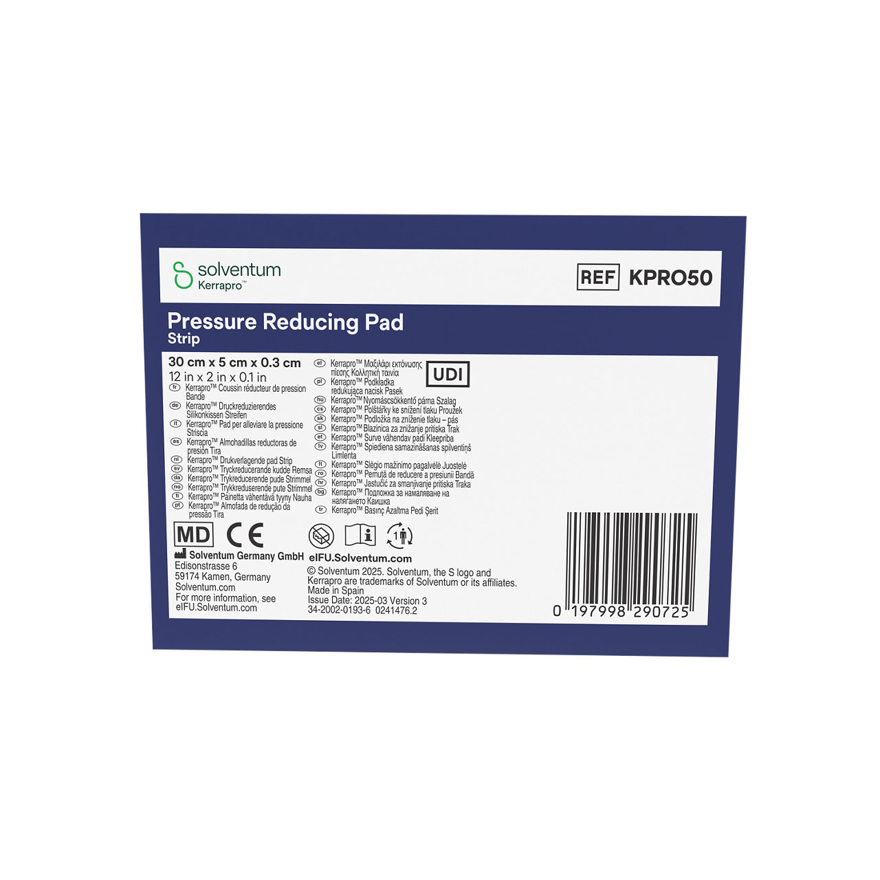Solventum™ Kerrapro™ Pressure Reducing Pad, KPRO50, Strip, 12 in x 2 in x 0.1 in (30 cm x 5 cm x 0.3 cm), 5/CAR, 32 CAR/CS, 160/CS - Front, Center, Out of Packaging (1C0)