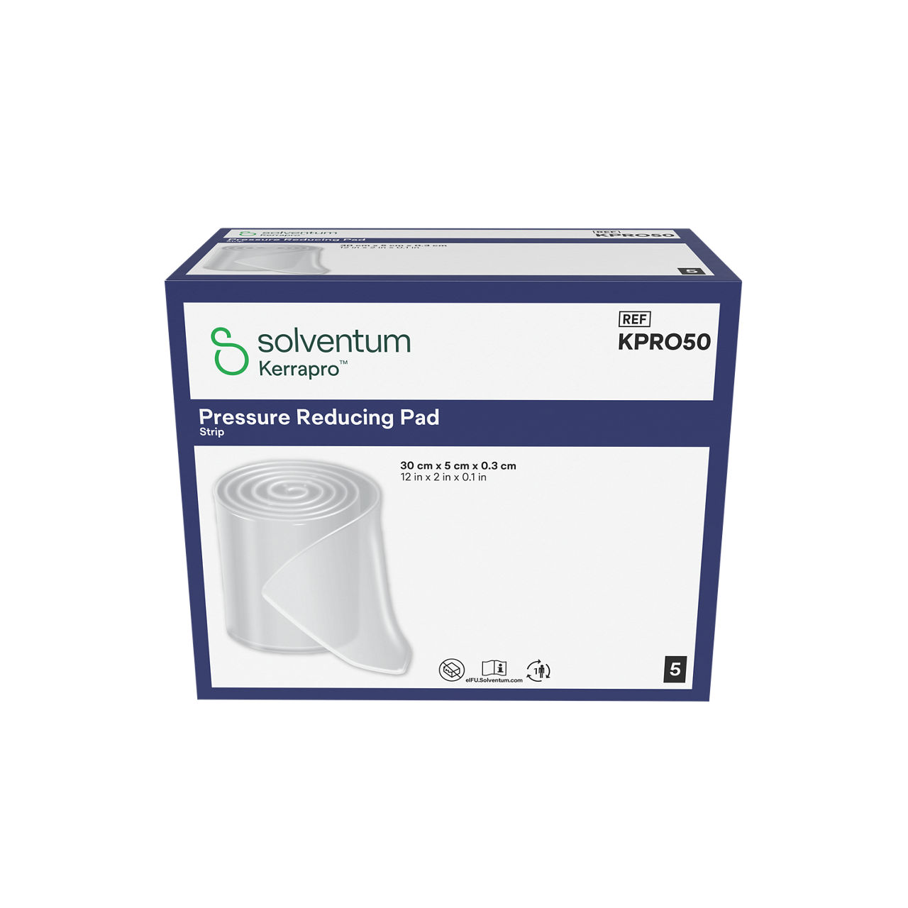 Solventum™ Kerrapro™ Pressure Reducing Pad, KPRO50, Strip, 12 in x 2 in x 0.1 in (30 cm x 5 cm x 0.3 cm), 5/CAR, 32 CAR/CS, 160/CS - Front, Center, In Packaging (1C1)