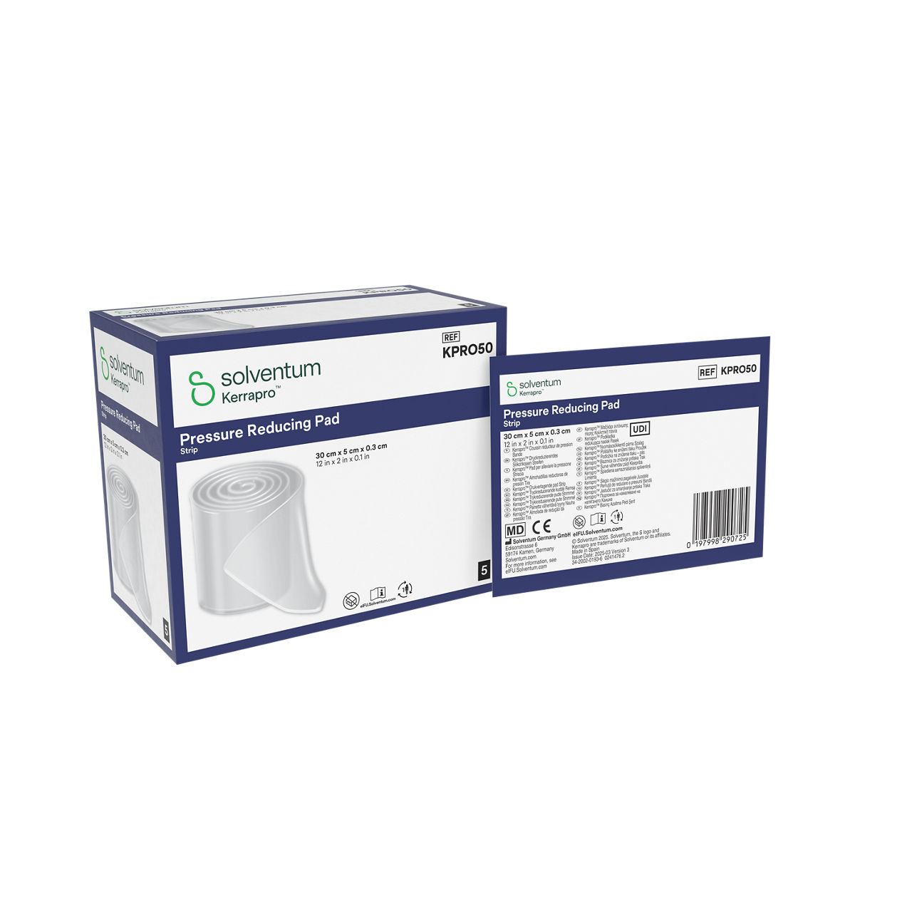 Solventum™ Kerrapro™ Pressure Reducing Pad, KPRO50, Strip, 12 in x 2 in x 0.1 in (30 cm x 5 cm x 0.3 cm), 5/CAR, 32 CAR/CS, 160/CS - Front, Left, In Packaging (1L1)