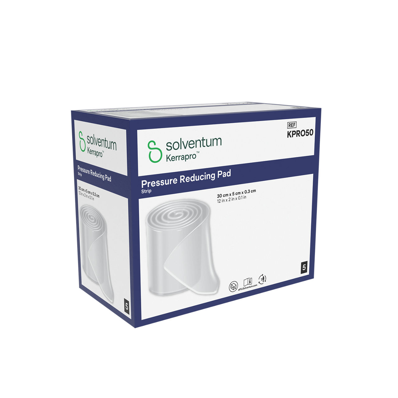 Solventum™ Kerrapro™ Pressure Reducing Pad, KPRO50, Strip, 12 in x 2 in x 0.1 in (30 cm x 5 cm x 0.3 cm), 5/CAR, 32 CAR/CS, 160/CS - Front, Left, In Packaging (1L1)
