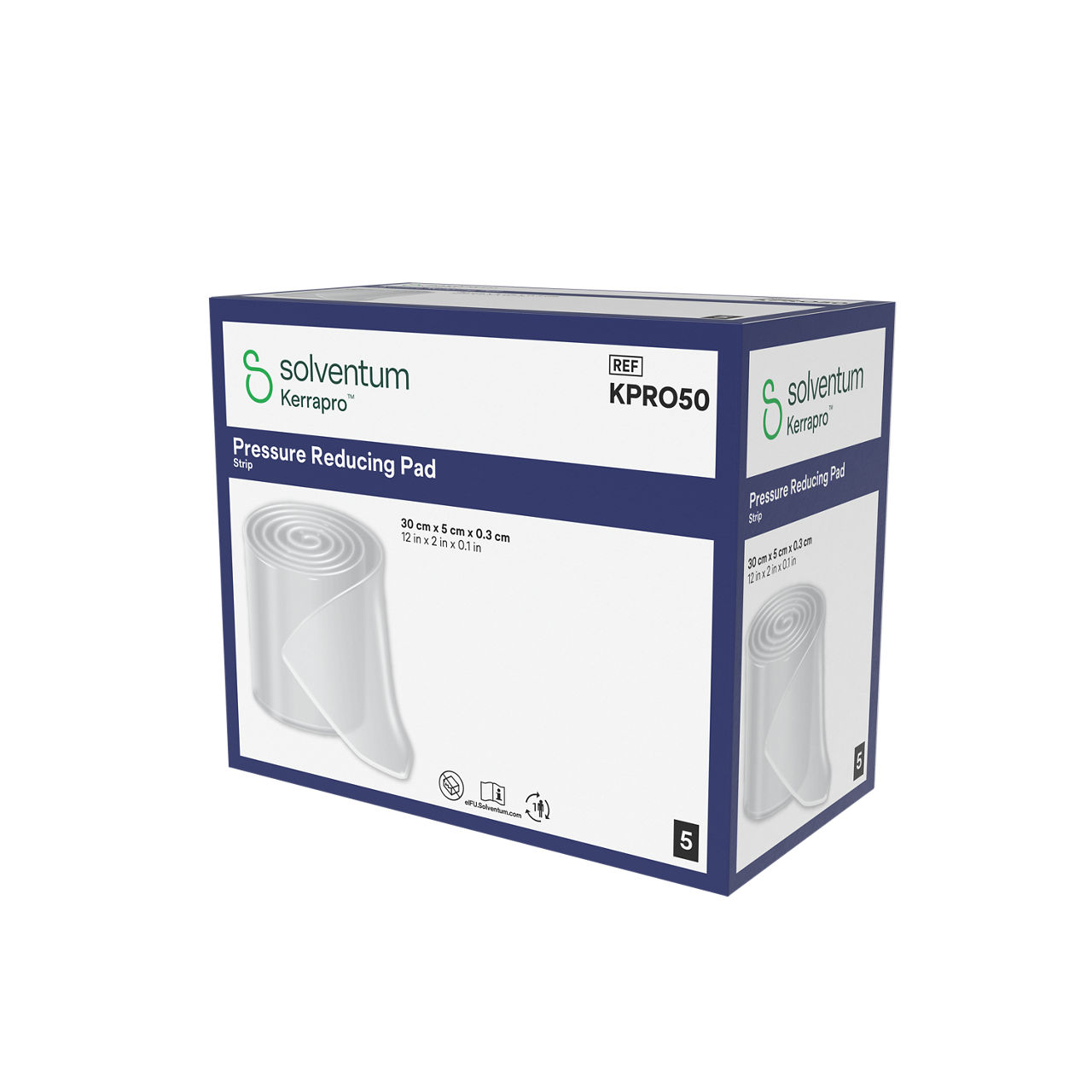 Solventum™ Kerrapro™ Pressure Reducing Pad, KPRO50, Strip, 12 in x 2 in x 0.1 in (30 cm x 5 cm x 0.3 cm), 5/CAR, 32 CAR/CS, 160/CS - Front, Right, In Packaging (1R1)