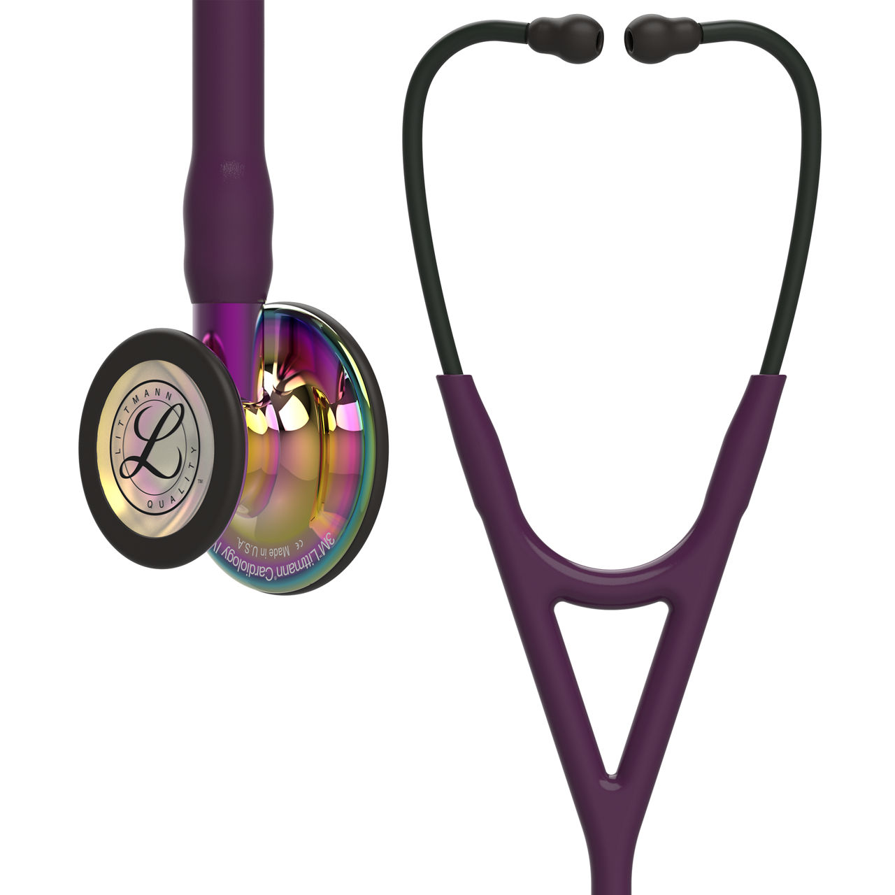3M™ Littmann® Cardiology IV™ Stethoskop, hochglänzendes, 6239, regenbogenfarbenes Bruststück, pflaumefarbener Schlauch, violetter Schlauchanschluss und schwarzer Ohrbügel
