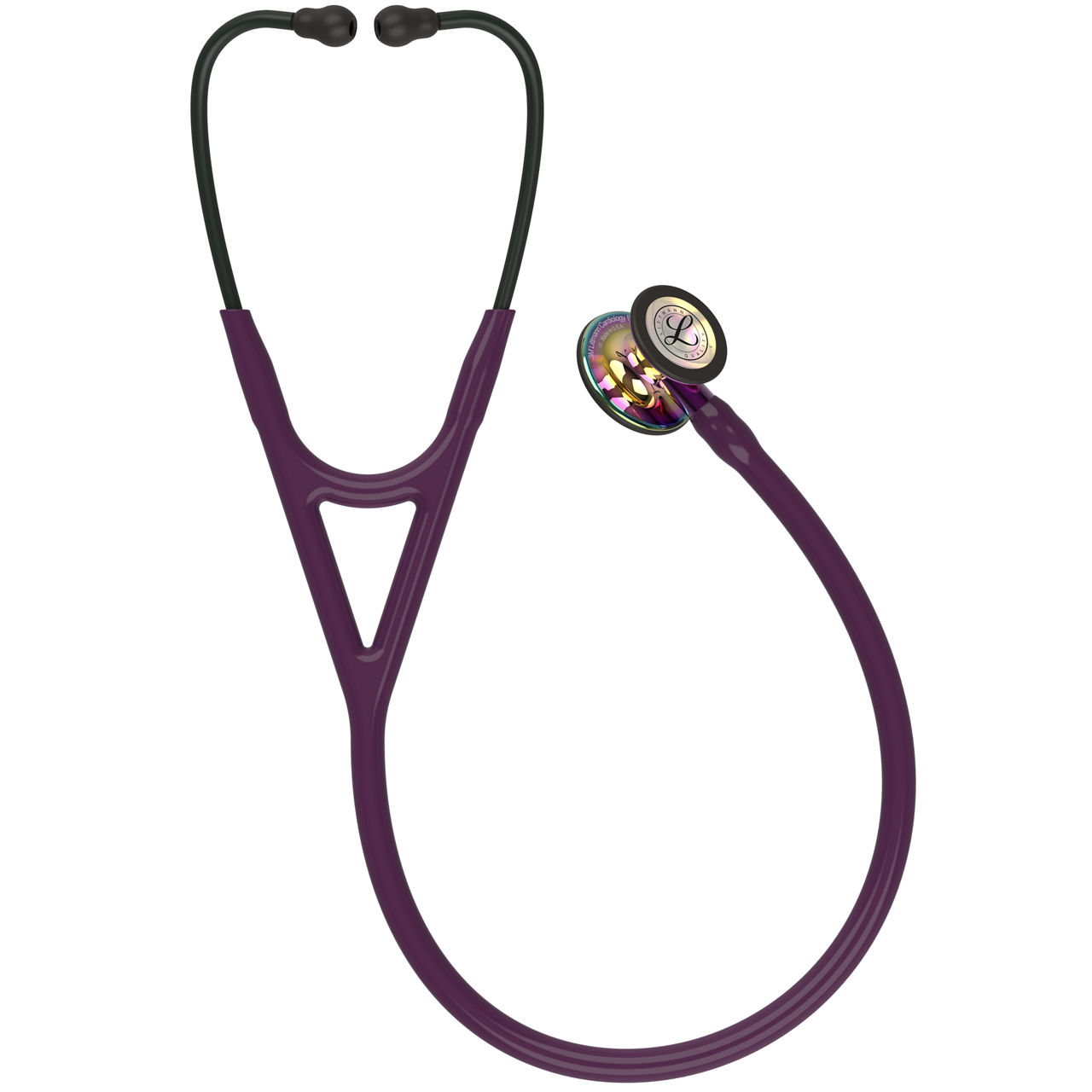 3M™ Littmann® Cardiology IV™ Stethoskop, hochglänzendes, 6239, regenbogenfarbenes Bruststück, pflaumefarbener Schlauch, violetter Schlauchanschluss und schwarzer Ohrbügel