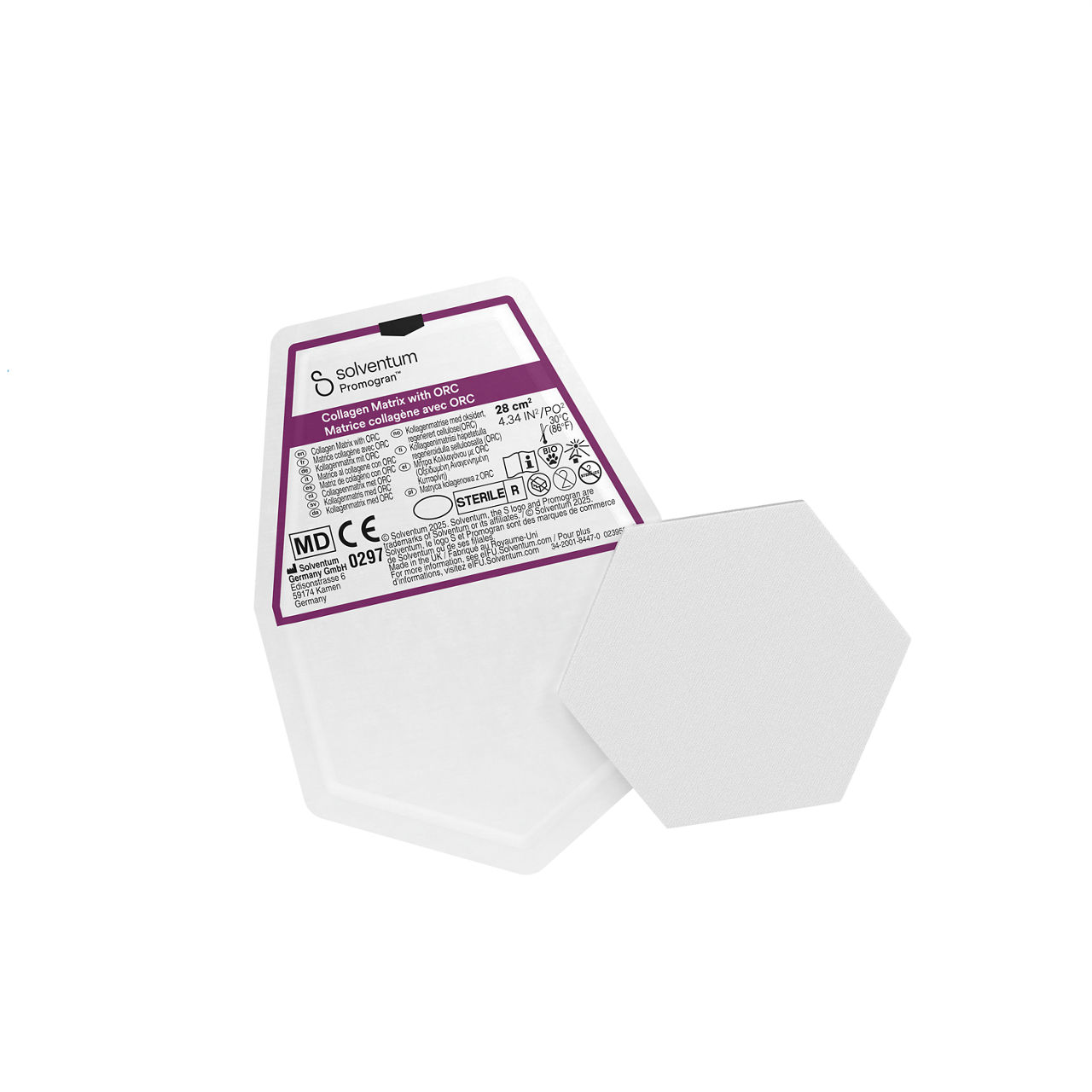 Solventum™ Promogran™ Collagen Matrix with ORC, M770285, Hexagon, 24.34 in² (28 cm²), 5/CAR, 8 CAR/CS, 40/CS - Front, Center, Out of Packaging (1C0)