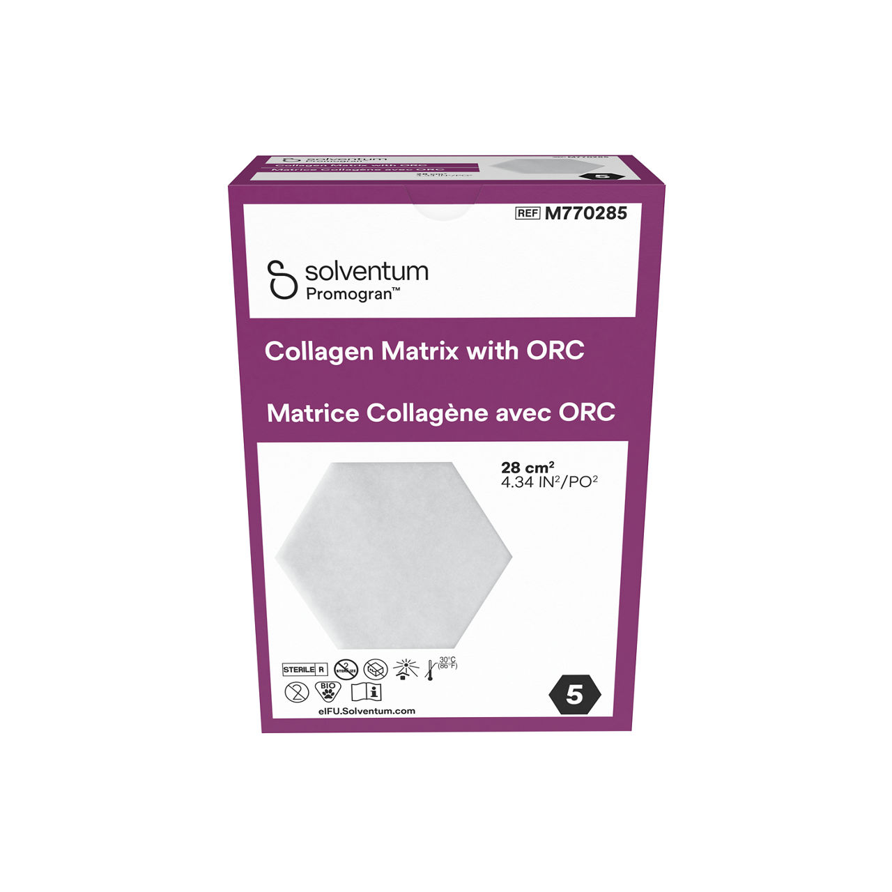 Solventum™ Promogran™ Collagen Matrix with ORC, M770285, Hexagon, 24.34 in² (28 cm²), 5/CAR, 8 CAR/CS, 40/CS - Front, Center, In Packaging (1C1)