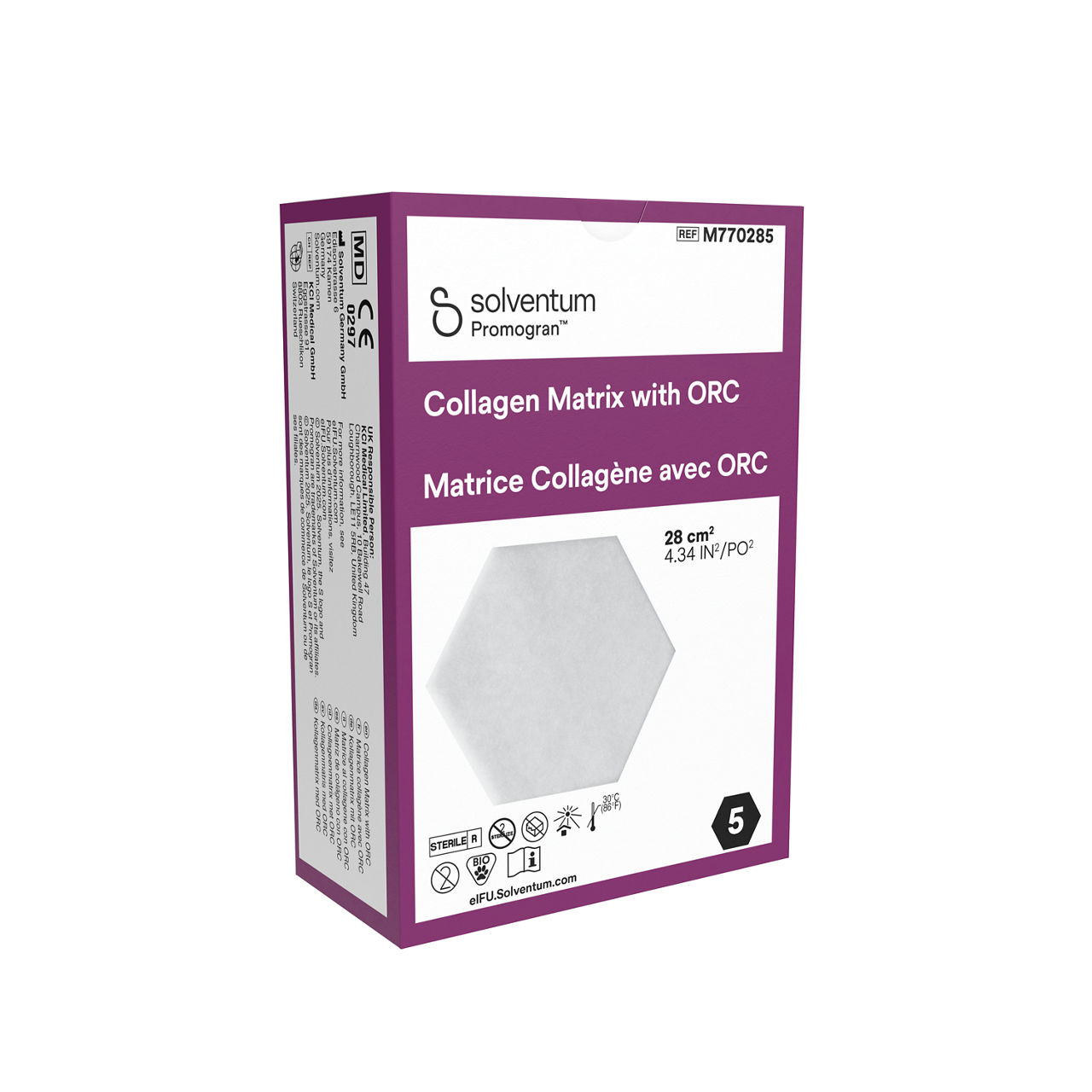 Solventum™ Promogran™ Collagen Matrix with ORC, M770285, Hexagon, 24.34 in² (28 cm²), 5/CAR, 8 CAR/CS, 40/CS - Front, Left, In Packaging (1L1)