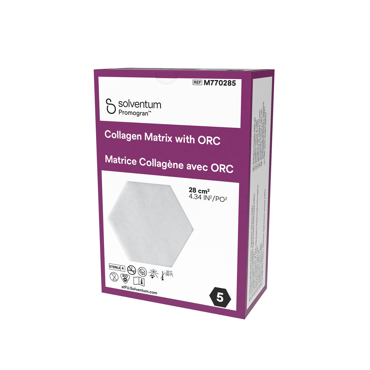 Solventum™ Promogran™ Collagen Matrix with ORC, M770285, Hexagon, 24.34 in² (28 cm²), 5/CAR, 8 CAR/CS, 40/CS - Front, Right, In Packaging (1R1)