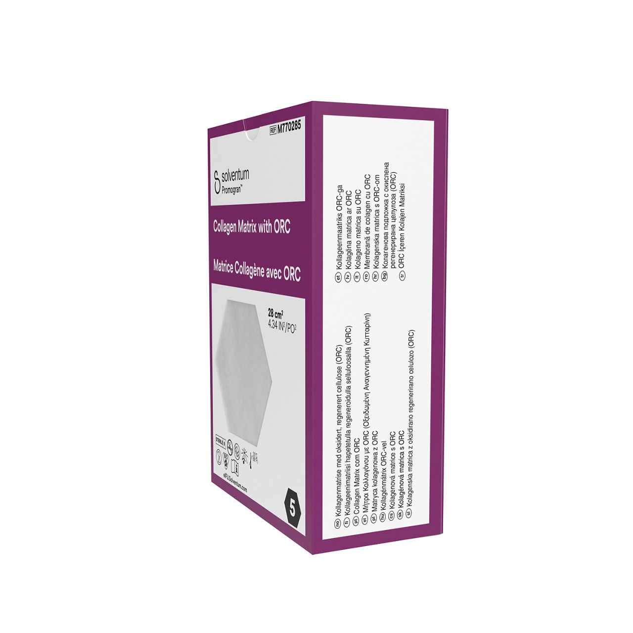 Solventum™ Promogran™ Collagen Matrix with ORC, M770285, Hexagon, 24.34 in² (28 cm²), 5/CAR, 8 CAR/CS, 40/CS - Left, Center, In Packaging (2C1)