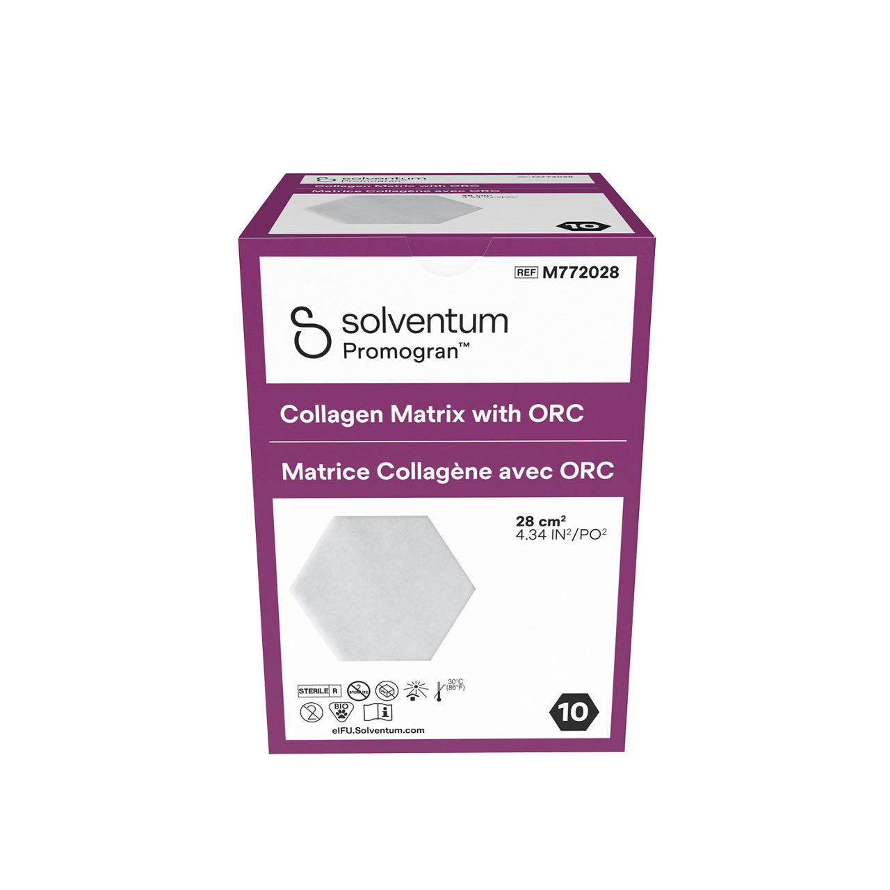 Solventum™ Promogran™ Collagen Matrix with ORC, M772028, 4.34 in² (28 cm²), Hexagon, 10/CAR, 4 CAR/CS, 40/CS - Front, Center, In Packaging (1C1)
