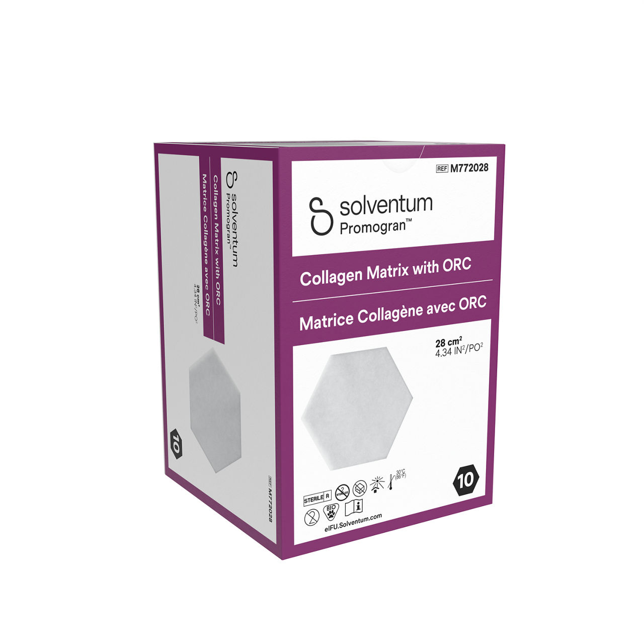 Solventum™ Promogran™ Collagen Matrix with ORC, M772028, 4.34 in² (28 cm²), Hexagon, 10/CAR, 4 CAR/CS, 40/CS - Front, Left, In Packaging (1L1)