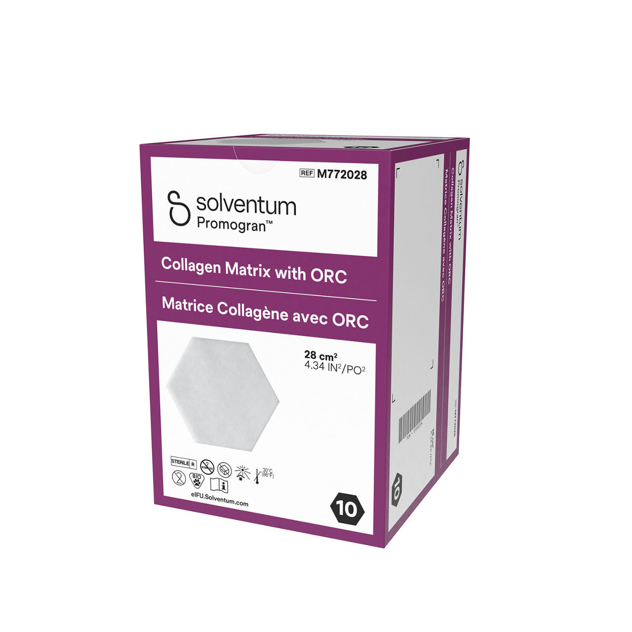 Solventum™ Promogran™ Collagen Matrix with ORC, M772028, 4.34 in² (28 cm²), Hexagon, 10/CAR, 4 CAR/CS, 40/CS - Front, Right, In Packaging (1R1)