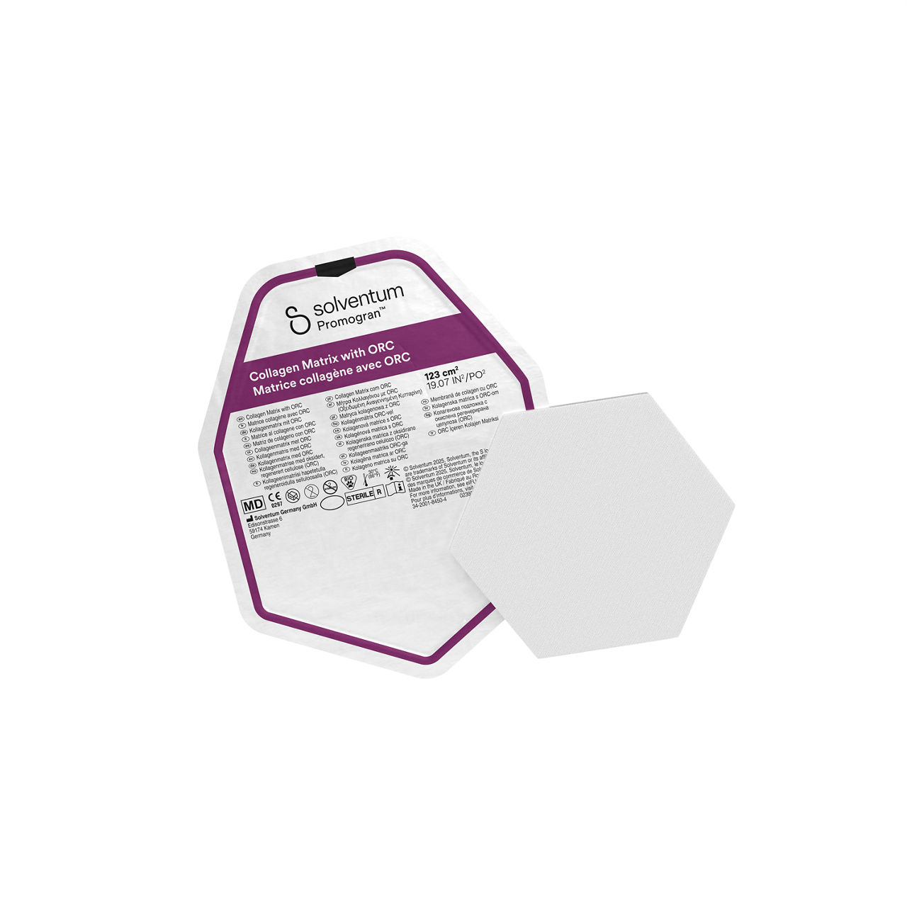 Solventum™ Promogran™ Collagen Matrix with ORC, M772123, Hexagon, 19.1in² (123 cm²), 10/CAR, 4 CAR/CS, 40/CS - Front, Center, Out of Packaging (1C0)