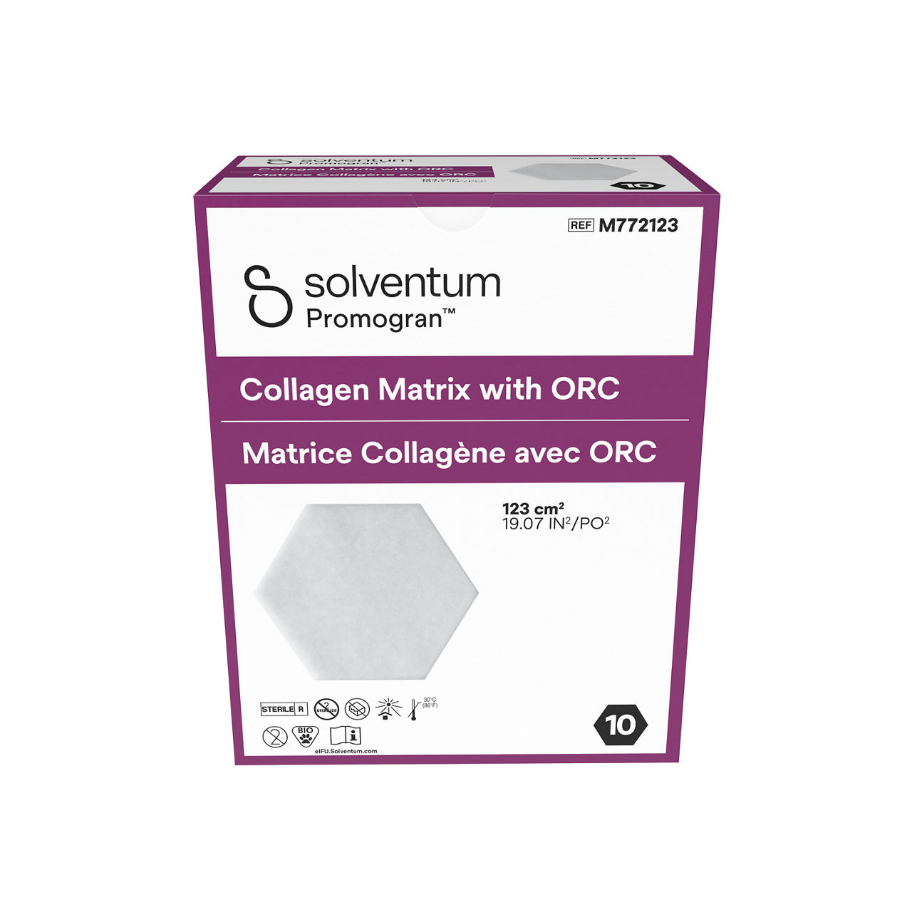 Solventum™ Promogran™ Collagen Matrix with ORC, M772123, Hexagon, 19.1in² (123 cm²), 10/CAR, 4 CAR/CS, 40/CS - Front, Center, In Packaging (1C1)