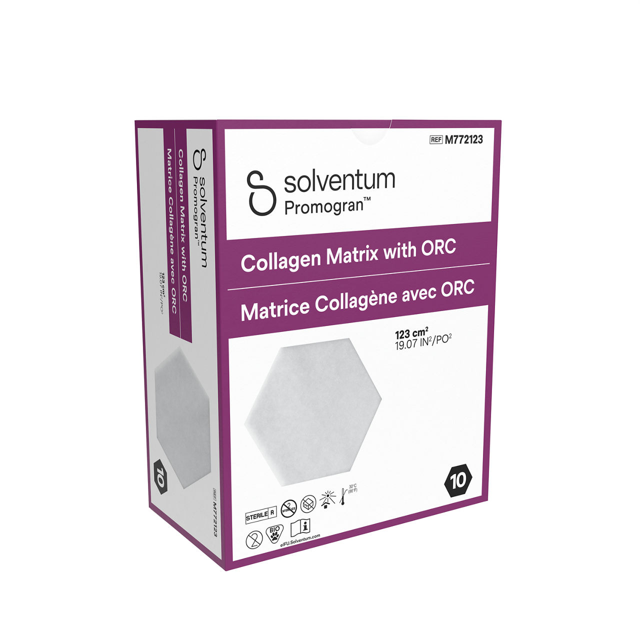 Solventum™ Promogran™ Collagen Matrix with ORC, M772123, Hexagon, 19.1in² (123 cm²), 10/CAR, 4 CAR/CS, 40/CS - Front, Left, In Packaging (1L1)