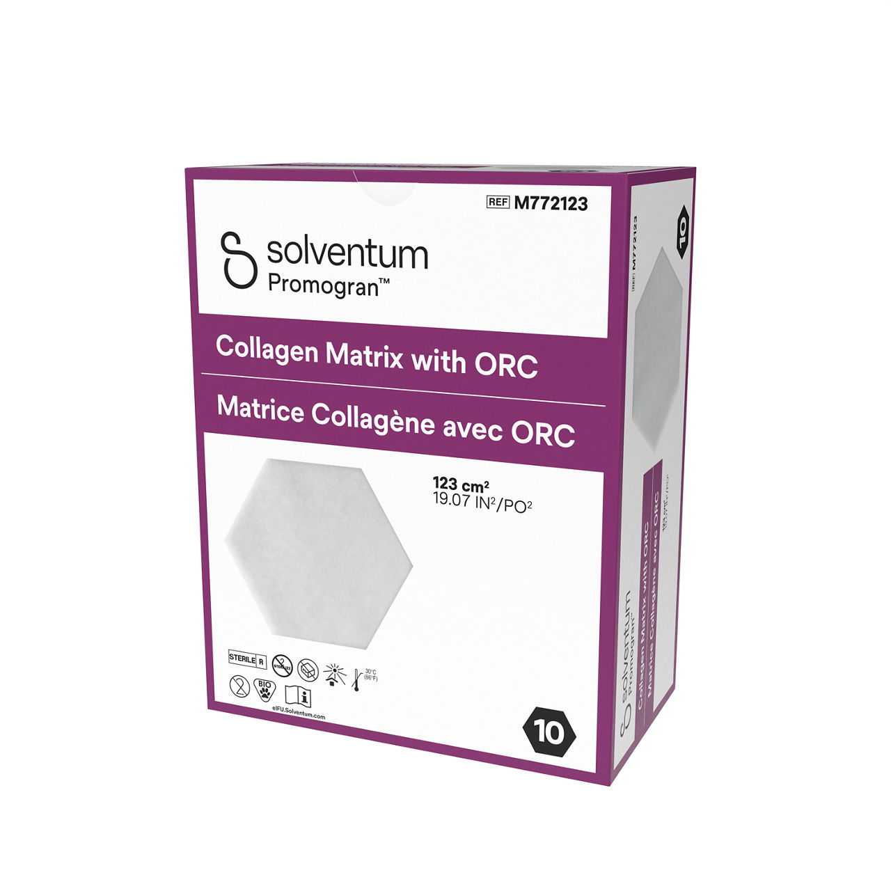 Solventum™ Promogran™ Collagen Matrix with ORC, M772123, Hexagon, 19.1in² (123 cm²), 10/CAR, 4 CAR/CS, 40/CS - Front, Right, In Packaging (1R1)