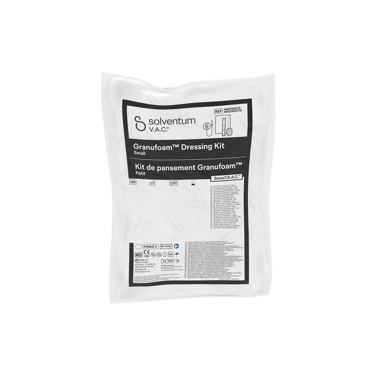 Solventum™ V.A.C.® Granufoam™ Dressing Kit, M8275051/5V017, M8275051/10V017, M8275051/5V018, M8275051/10V018, M8275051/5V019, M8275051/10V019, M8275051/5V020, and M8275051/10V020, Small, 5/CS and 10/CS (SENSATRAC, SMALL GRANUFOAM DRESSING 5 PACK and 10 PACK, ATHLONE, IH1078249, BSI MDR, OWI, SLV RB) - Front, Center, In Packaging (1C1)