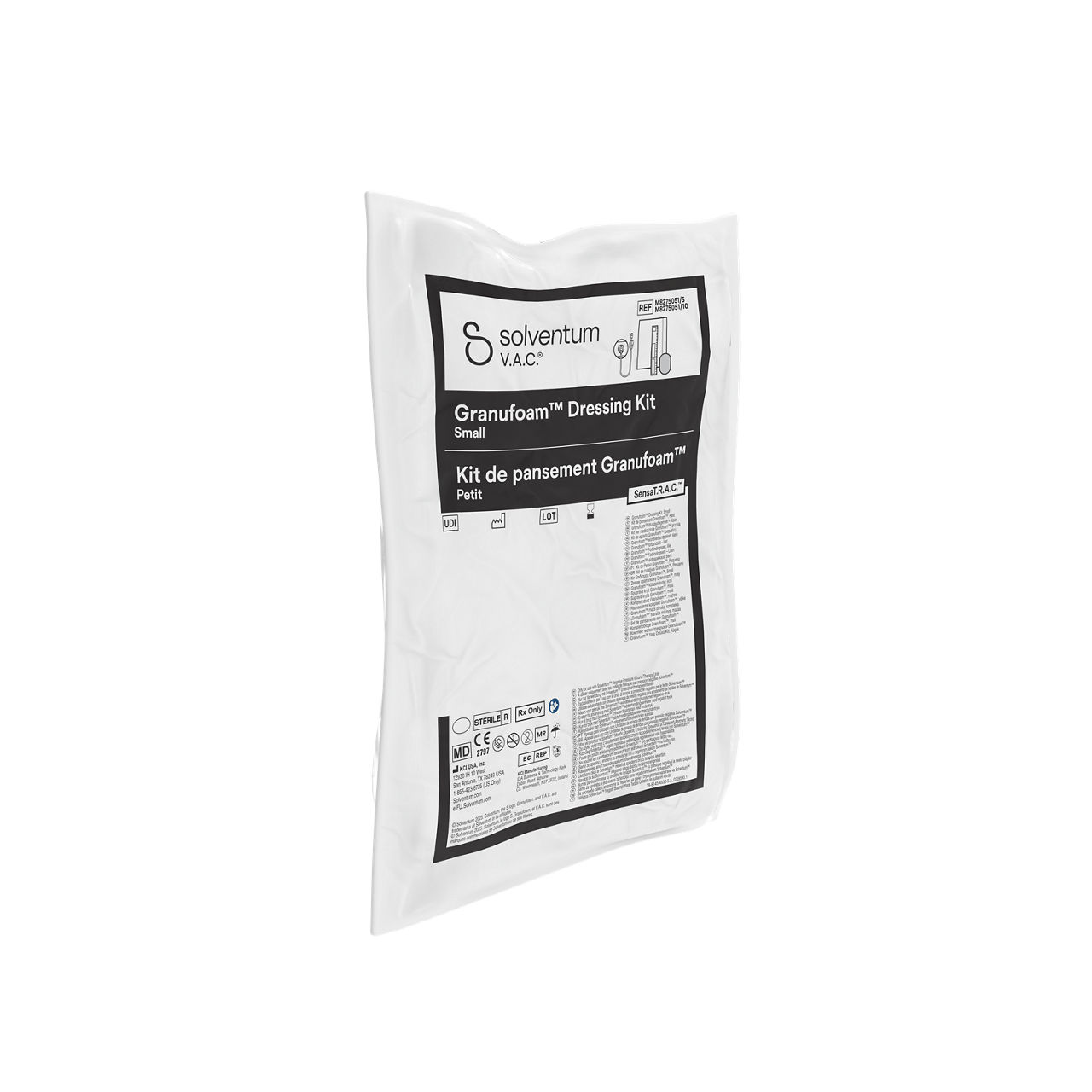 Solventum™ V.A.C.® Granufoam™ Dressing Kit, M8275051/5V017, M8275051/10V017, M8275051/5V018, M8275051/10V018, M8275051/5V019, M8275051/10V019, M8275051/5V020, and M8275051/10V020, Small, 5/CS and 10/CS (SENSATRAC, SMALL GRANUFOAM DRESSING 5 PACK and 10 PACK, ATHLONE, IH1078249, BSI MDR, OWI, SLV RB) - Front, Left, In Packaging (1L1)