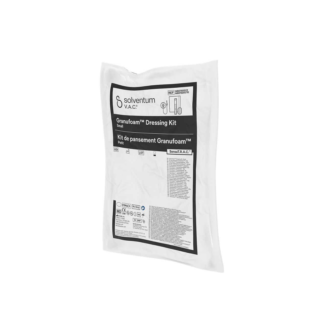 Solventum™ V.A.C.® Granufoam™ Dressing Kit, M8275051/5V017, M8275051/10V017, M8275051/5V018, M8275051/10V018, M8275051/5V019, M8275051/10V019, M8275051/5V020, and M8275051/10V020, Small, 5/CS and 10/CS (SENSATRAC, SMALL GRANUFOAM DRESSING 5 PACK and 10 PACK, ATHLONE, IH1078249, BSI MDR, OWI, SLV RB) - Front, Right, In Packaging (1R1)