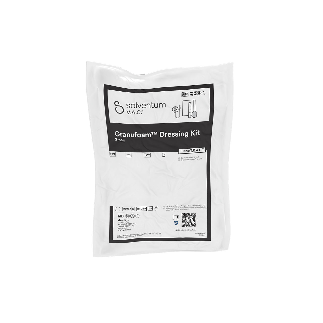 Solventum™ V.A.C.® Granufoam™ Dressing Kit, M8275051/10V022 and M8275051/5V022, Small, 5/CS and 10/CS (SENSATRAC, SMALL GRANUFOAM DRESSING  5 PACK and 10 PACK, ATHLONE, IH1078249, NO CE, E-IFU, SLV RB) - Front, Center, In Packaging (1C1)