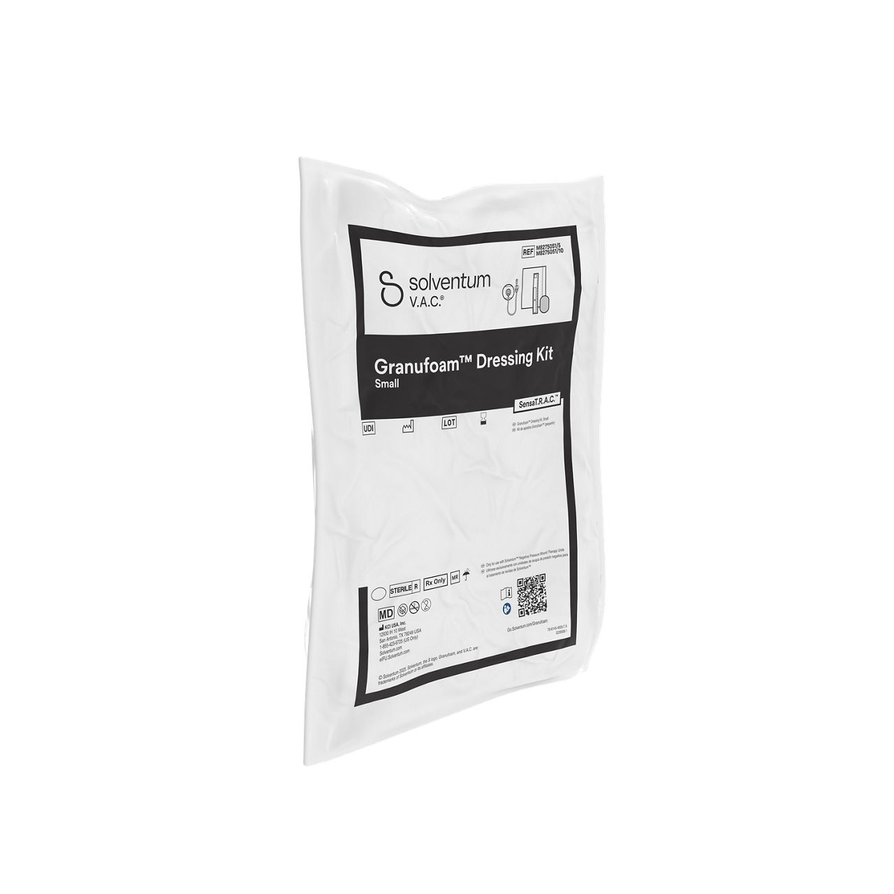 Solventum™ V.A.C.® Granufoam™ Dressing Kit, M8275051/10V022 and M8275051/5V022, Small, 5/CS and 10/CS (SENSATRAC, SMALL GRANUFOAM DRESSING  5 PACK and 10 PACK, ATHLONE, IH1078249, NO CE, E-IFU, SLV RB) - Front, Left, In Packaging (1L1)