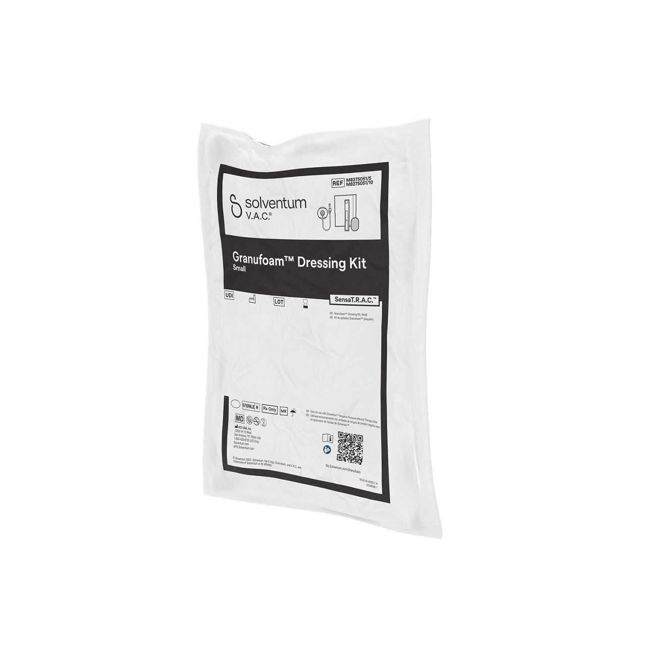 Solventum™ V.A.C.® Granufoam™ Dressing Kit, M8275051/10V022 and M8275051/5V022, Small, 5/CS and 10/CS (SENSATRAC, SMALL GRANUFOAM DRESSING  5 PACK and 10 PACK, ATHLONE, IH1078249, NO CE, E-IFU, SLV RB) - Front, Right, In Packaging (1R1)