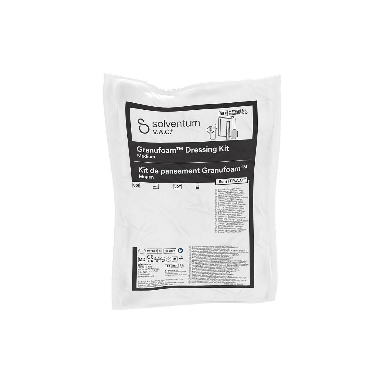 Solventum™ V.A.C.® Granufoam™ Dressing Kit, M8275052/5V018, M8275052/10V018, M8275052/5V020, and M8275052/10V020, Medium, 5/CS and 10/CS (SENSATRAC GRANUFOAM DRESSINGS, MEDIUM, AUTO, MDR, SLV RB) - Front, Center, In Packaging (1C1)