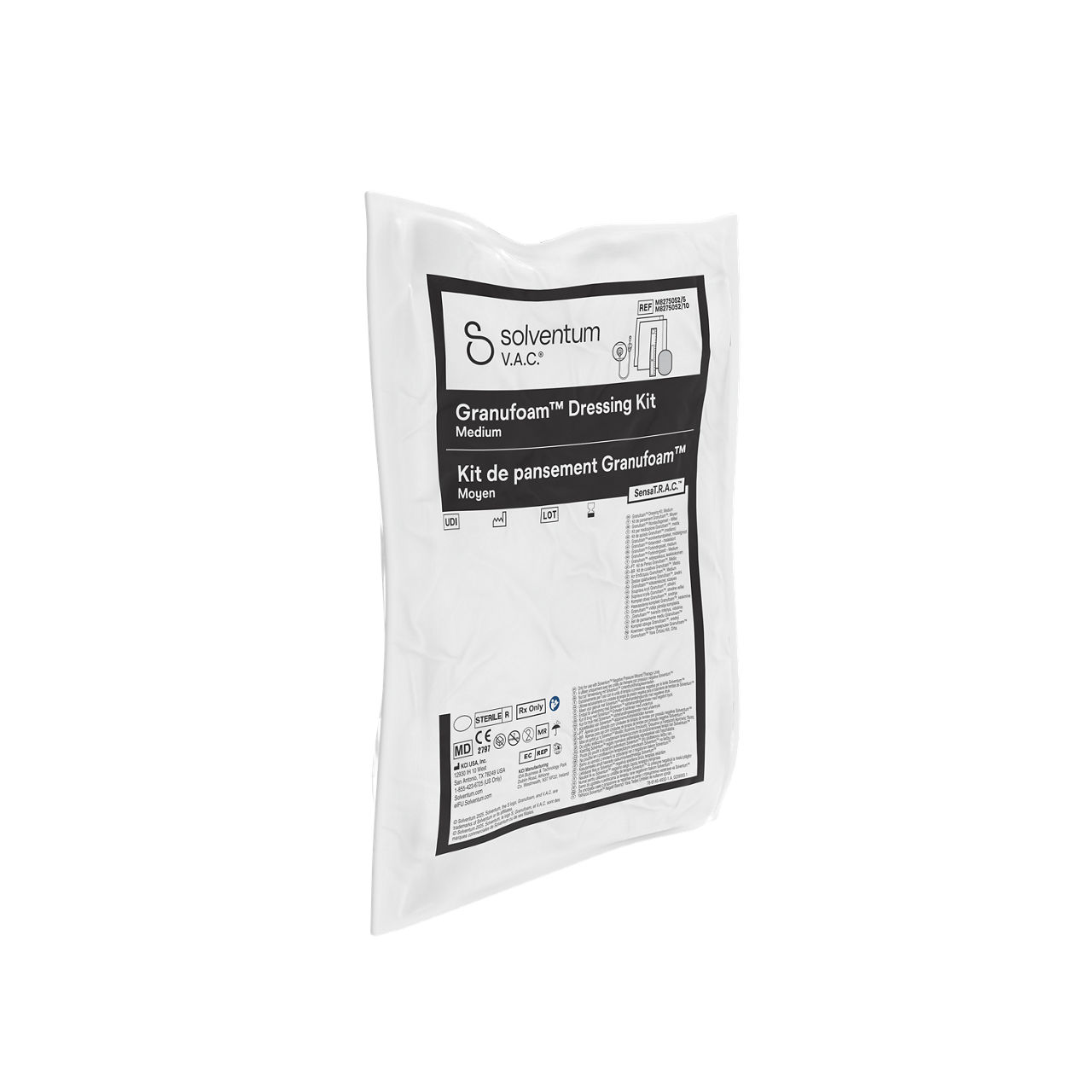 Solventum™ V.A.C.® Granufoam™ Dressing Kit, M8275052/5V018, M8275052/10V018, M8275052/5V020, and M8275052/10V020, Medium, 5/CS and 10/CS (SENSATRAC GRANUFOAM DRESSINGS, MEDIUM, AUTO, MDR, SLV RB) - Front, Left, In Packaging (1L1)
