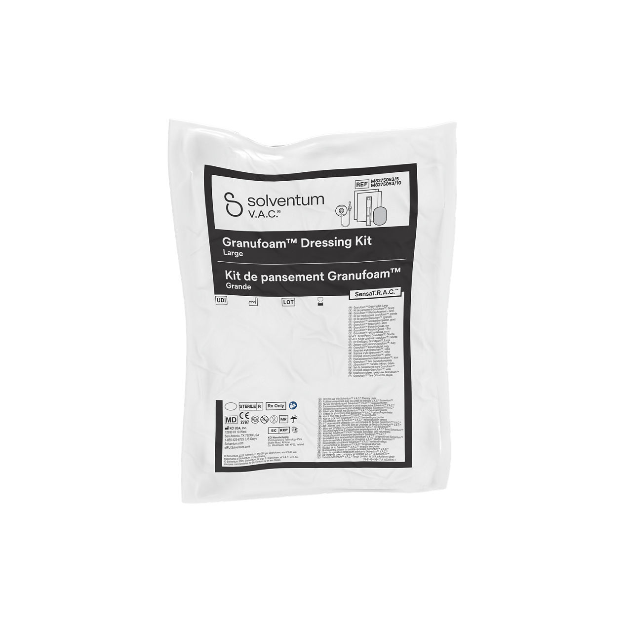 Solventum™ V.A.C.® Granufoam™ Dressing Kit, M8275053/5V018 and M8275053/10V018, Large, 5/CS and 10/CS (SENSATRAC GRANUFOAM DRESSINGS, LARGE, AUTO, MDR, SLV RB) - Front, Center, In Packaging (1C1)