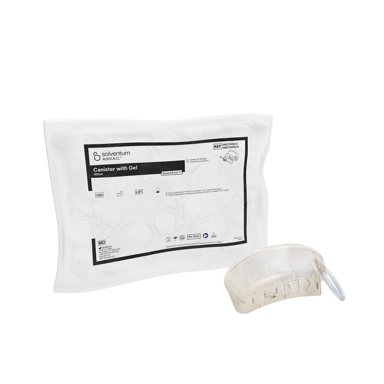 Solventum™ ActiV.A.C.™ Canister with Gel, M8275058/10, ATHLONE, NO CE, NON STERILE, SLV RB, 10/CS - Front, Center, In and Out of Packaging (1C10)