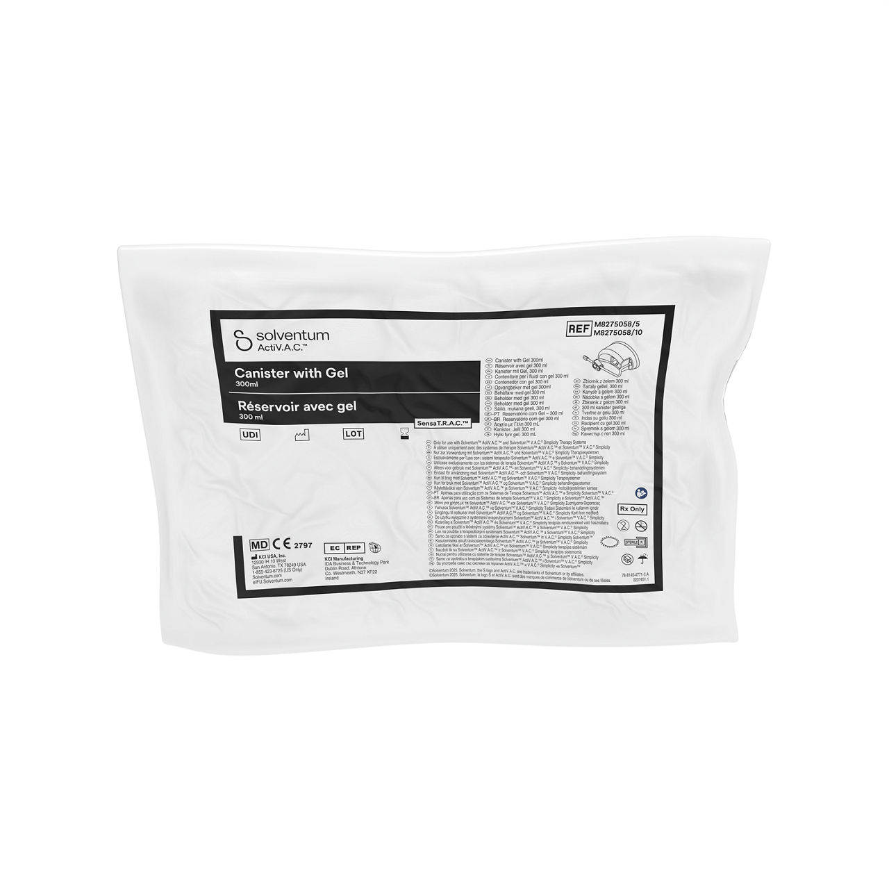 Solventum™ ActiV.A.C.™ Canister with Gel, M8275058/5, 300 mL, ATHLONE, BSI MDR, SLV RB, 5/CS - Front, Center, In Packaging (1C1)