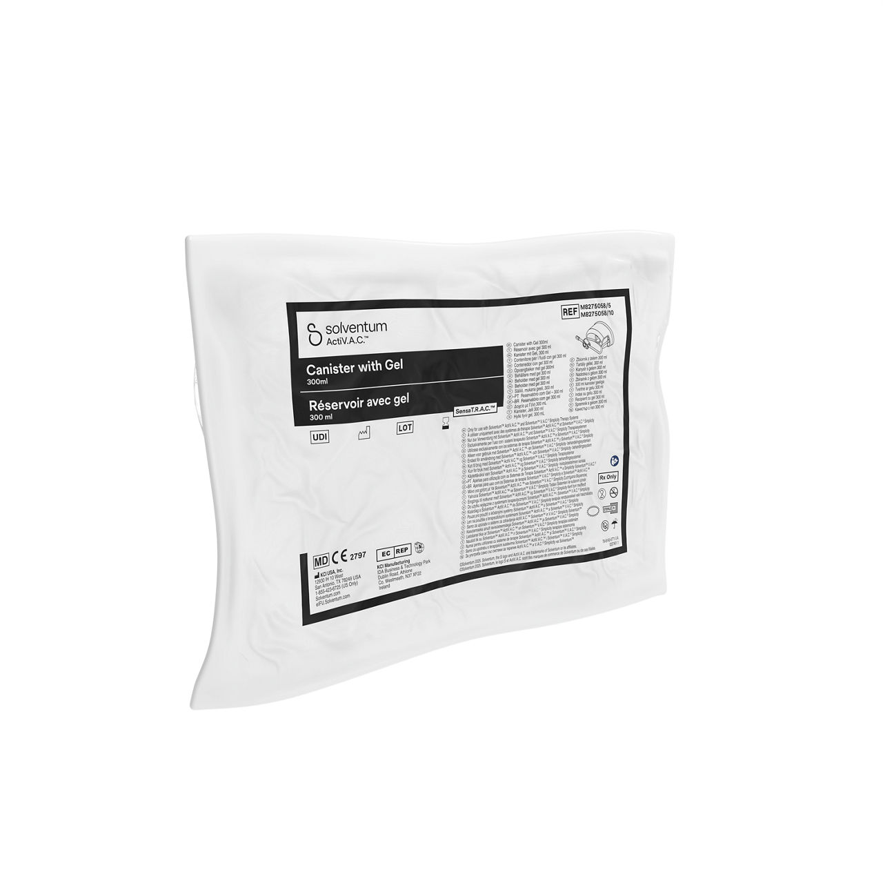 Solventum™ ActiV.A.C.™ Canister with Gel, M8275058/5, 300 mL, ATHLONE, BSI MDR, SLV RB, 5/CS - Front, Left, In Packaging (1L1)
