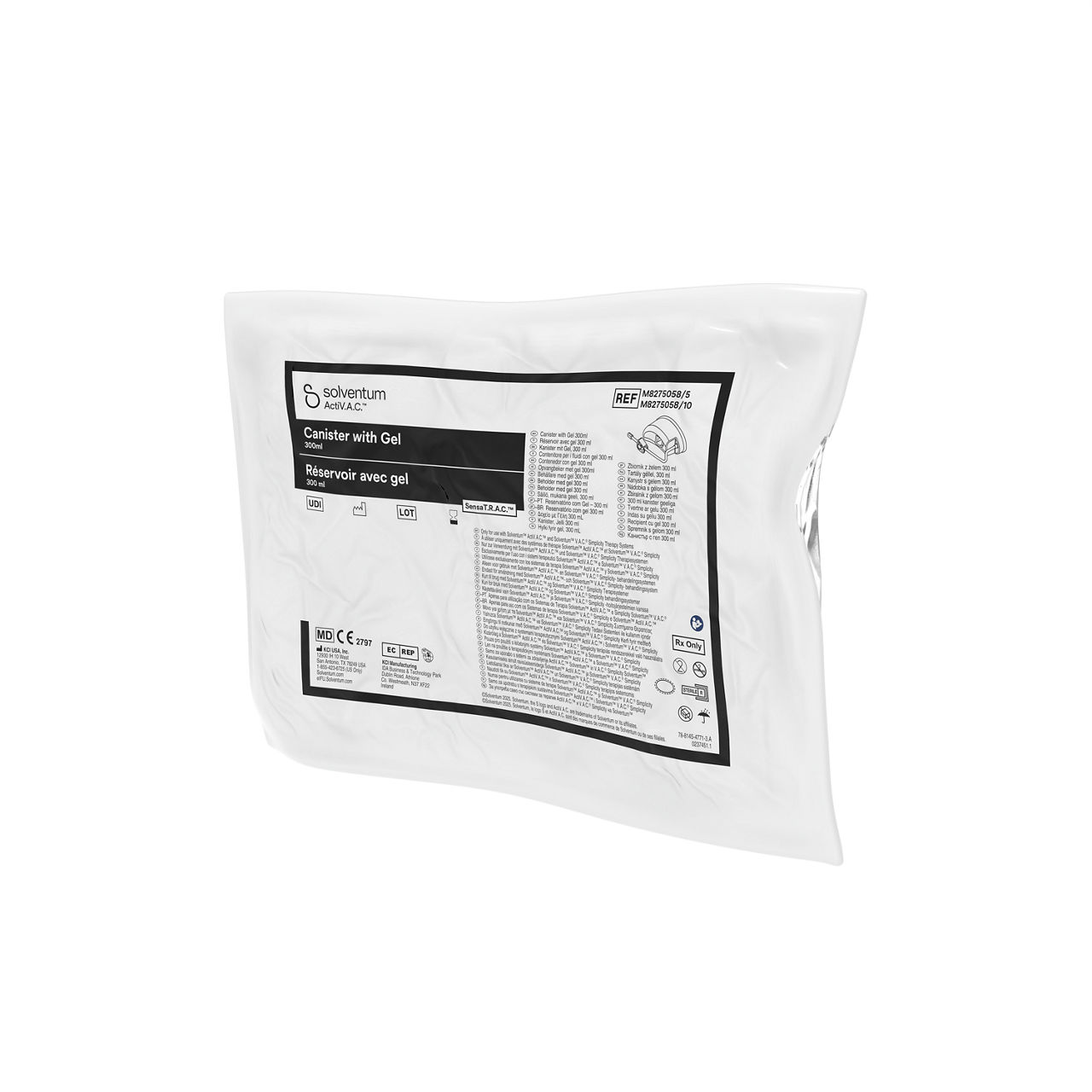 Solventum™ ActiV.A.C.™ Canister with Gel, M8275058/5, 300 mL, ATHLONE, BSI MDR, SLV RB, 5/CS - Front, Right, In Packaging (1R1)