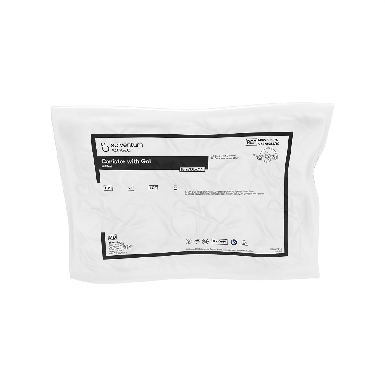 Solventum™ ActiV.A.C.™ Canister with Gel, M8275058/5,  ATHLONE, NO CE, NON STERILE, SLV RB, 5/CS - Front, Center, In Packaging (1C1)