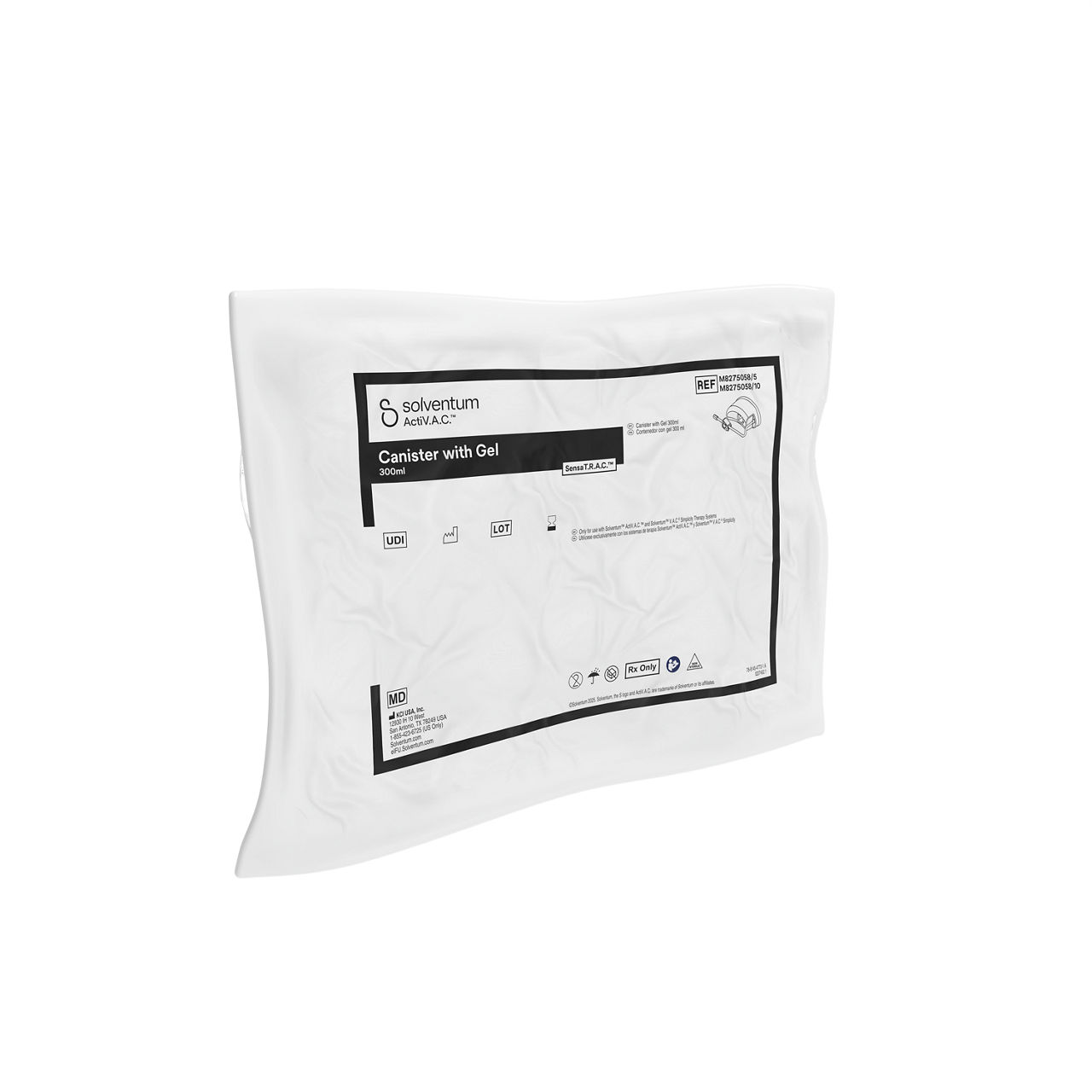Solventum™ ActiV.A.C.™ Canister with Gel, M8275058/5,  ATHLONE, NO CE, NON STERILE, SLV RB, 5/CS - Front, Left, In Packaging (1L1)