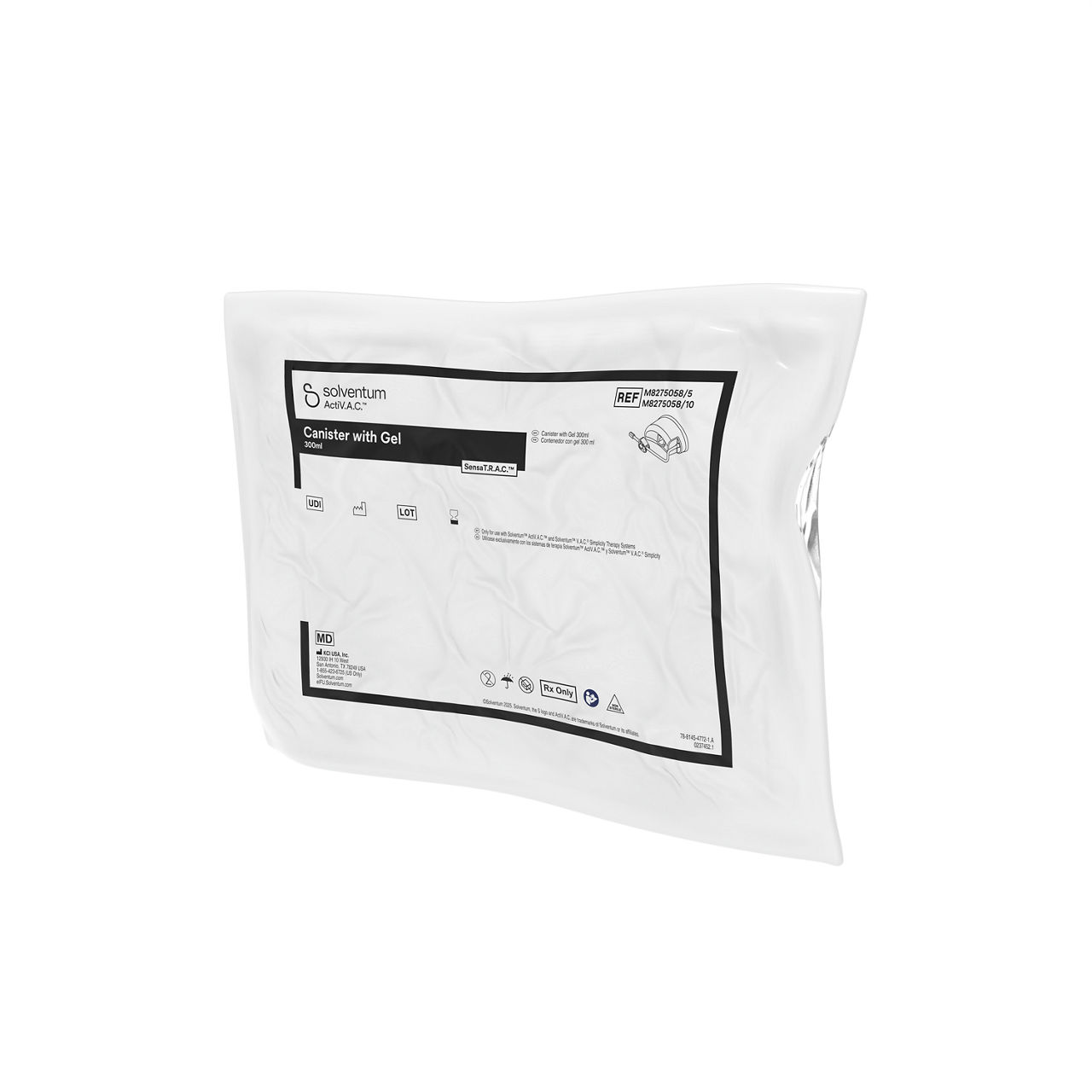 Solventum™ ActiV.A.C.™ Canister with Gel, M8275058/5,  ATHLONE, NO CE, NON STERILE, SLV RB, 5/CS - Front, Right, In Packaging (1R1)