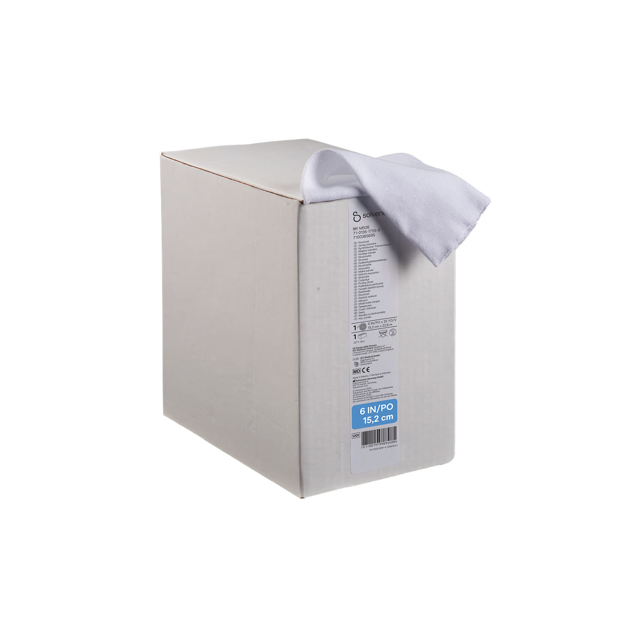 Solventum™ Synthetic Cast Stockinet, MS06, 6 in x 25 yd  (15.2 cm x 22.8 m), 1 ROL/CS - Front, Left, In Packaging (1L1)