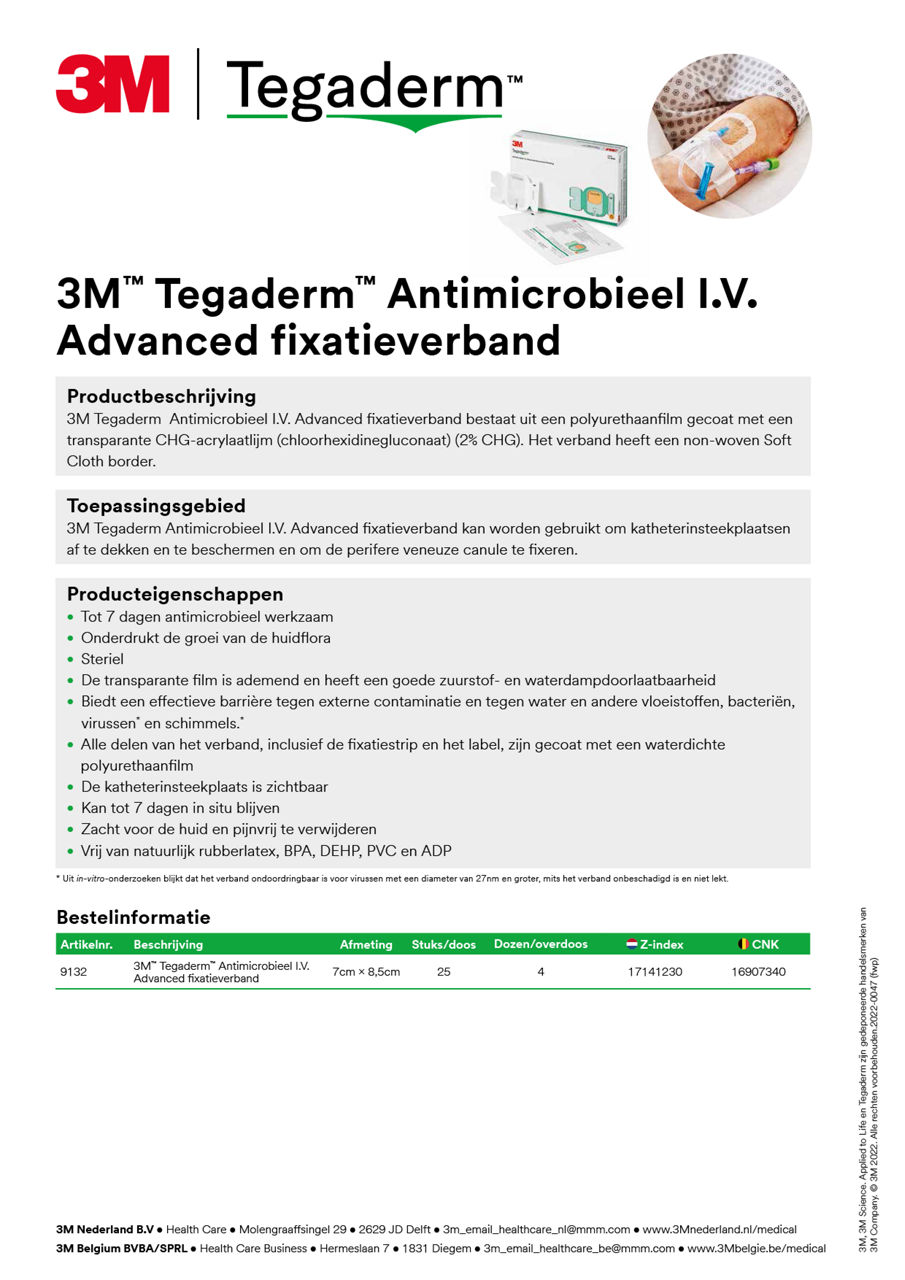 3M™ Tegaderm™ Antimicrobial I.V. Advanced Fixation Dressing Onepager BENE-nl