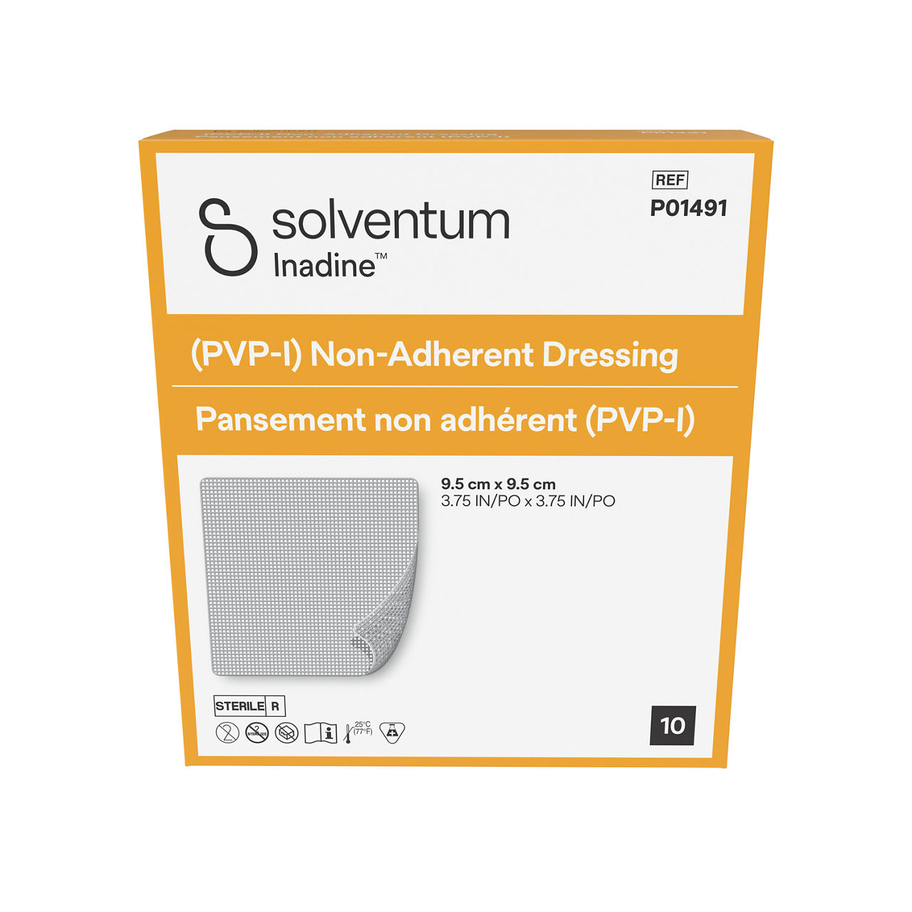 Solventum™ Inadine™ (PVP-I) Non-Adherent Dressing, P01491 - Front, Center, In Packaging (1C1)