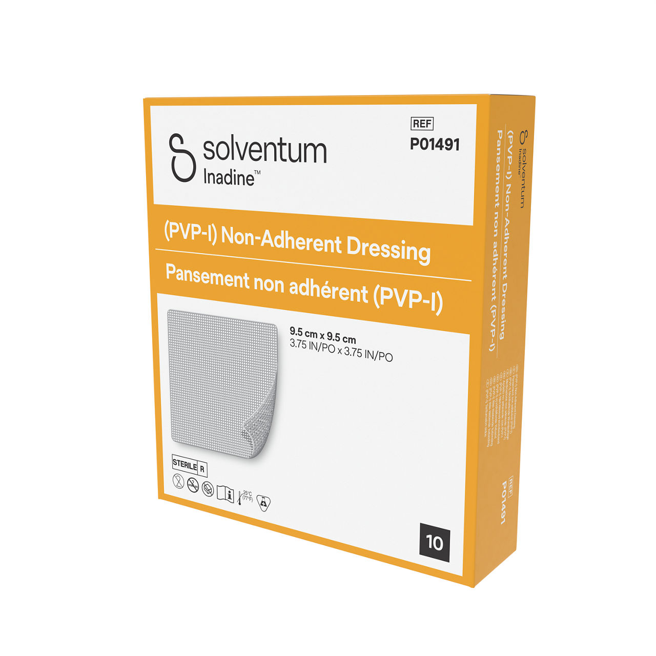 Solventum™ Inadine™ (PVP-I) Non-Adherent Dressing, P01491 - Front, Right, In Packaging (1R1)