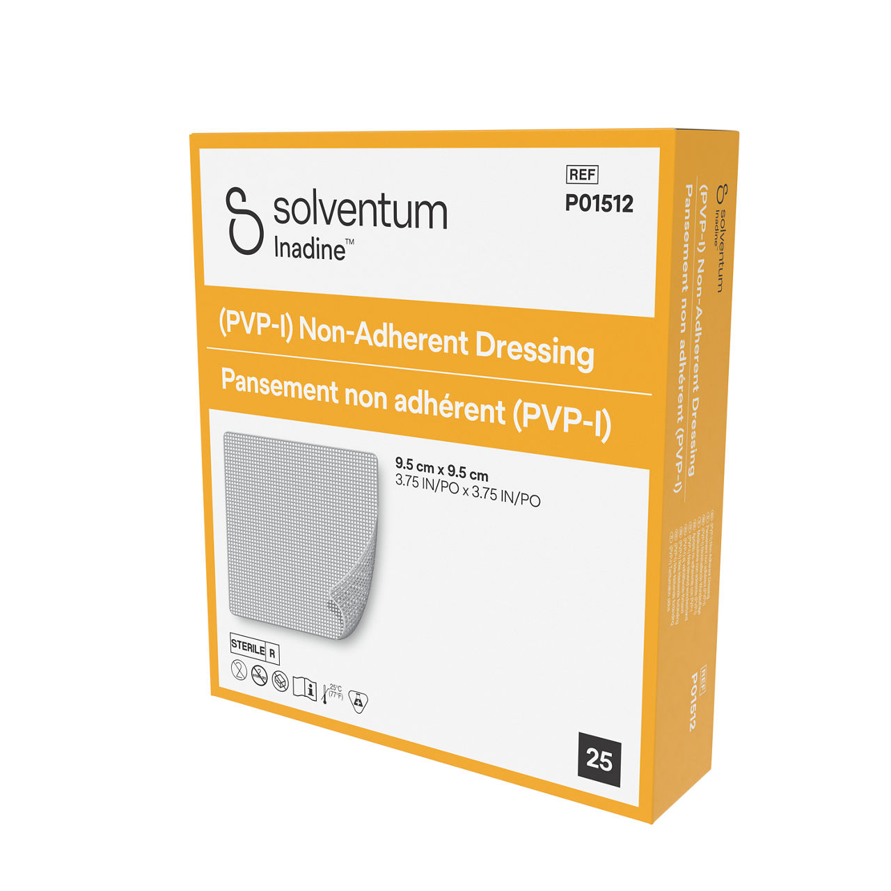 Solventum™ Inadine™ (PVP-I) Non-Adherent Dressing, P01512 -Front, Right, In Packaging (1R1)